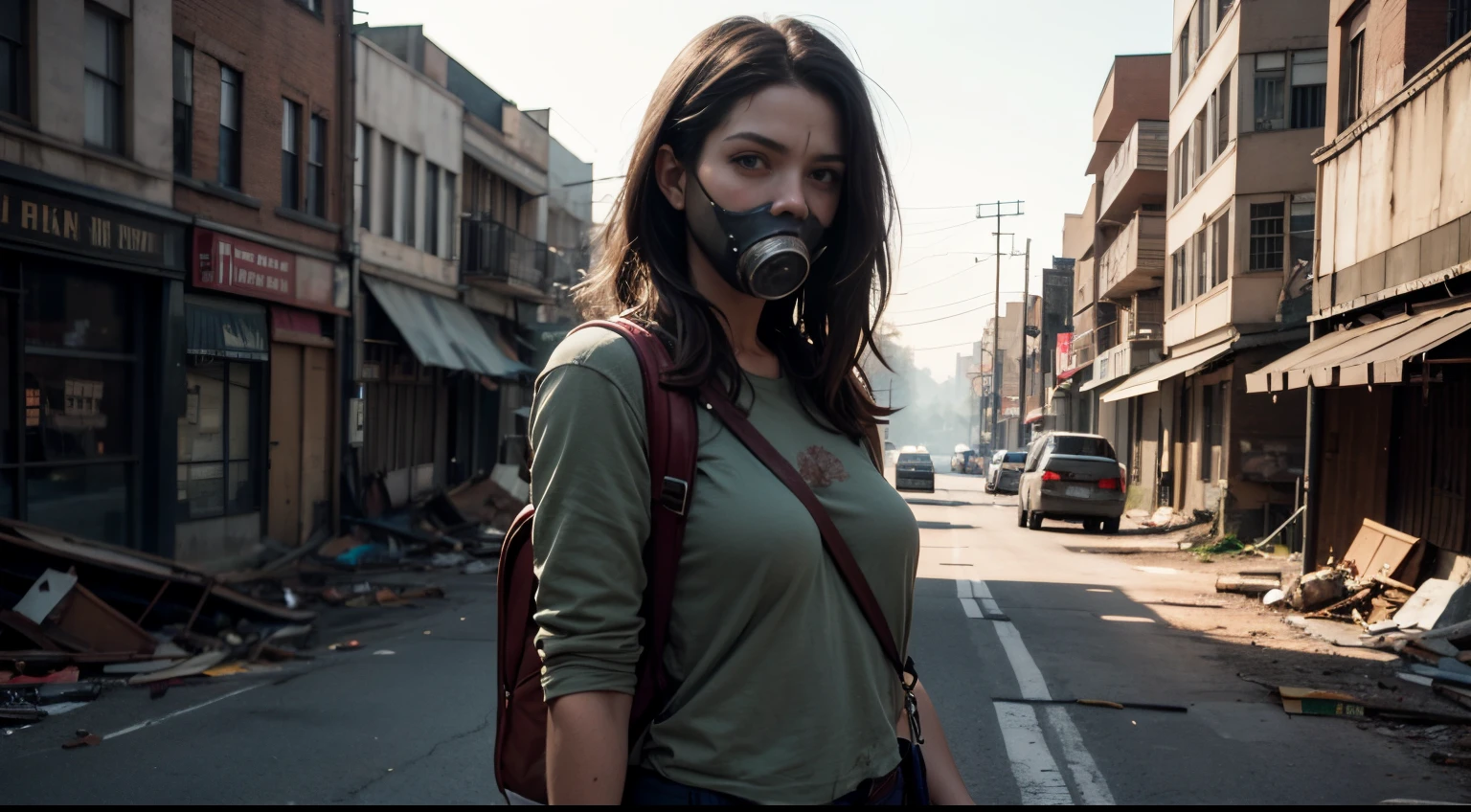 mulher 25 anos, cabelo longo, olhos azuis, com mochila grande cor verde, moletom cor marrom, Wrecked City, Gas mask, Hyper-realistic cinematic lighting that super-details skin texture , survival, destruction, 8k, Ultra HD | | | | | | | | |, (Post-apoc, Post-apoc_character)