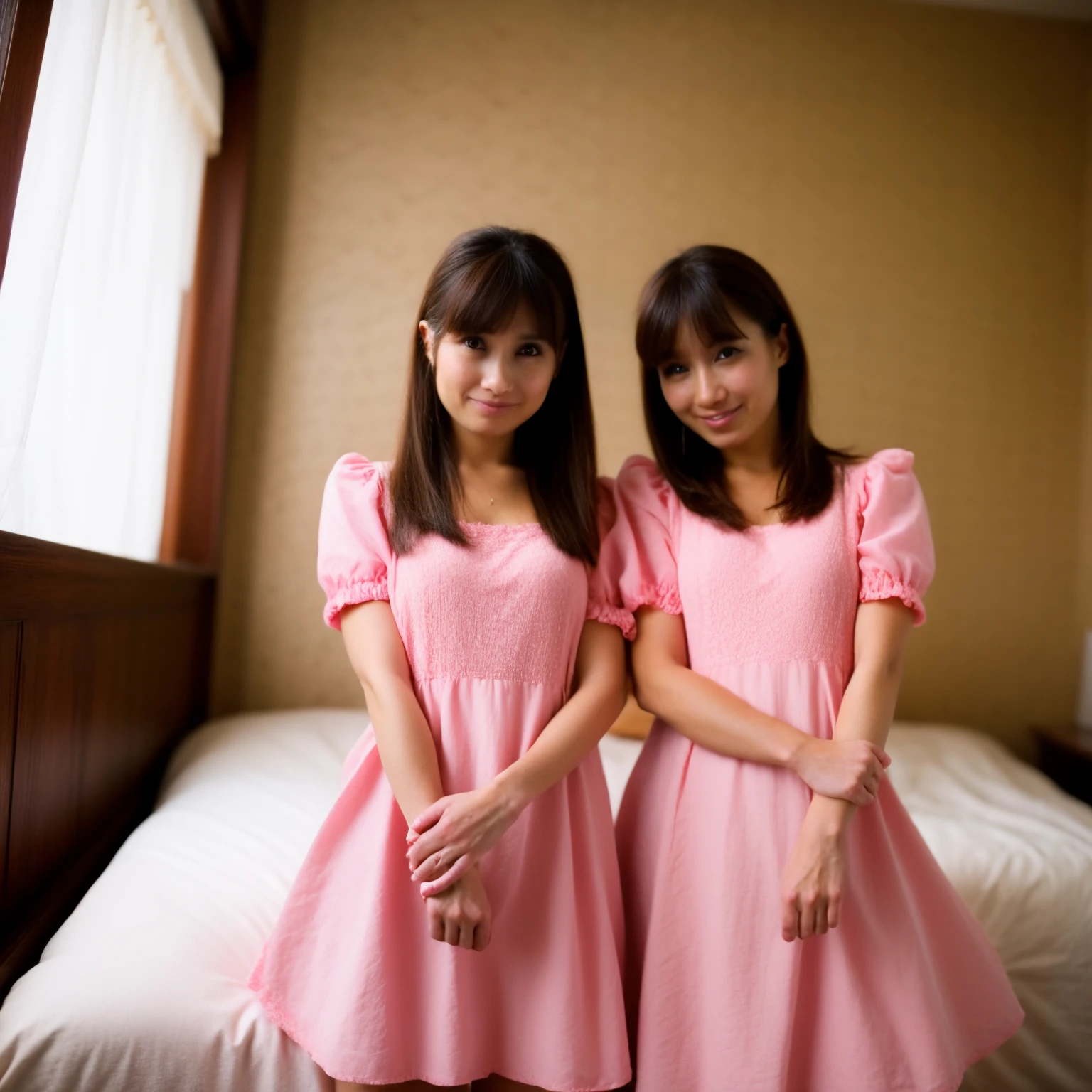 (Identical twin sisters),2girls,(tareme:1.2), (Wear school uniforms:1.3), (kawaii:1.3), (sepia Hair,  Bangs Hair:1.2),
Dress, bow ribbon,Hair Ribbon, Hair Ornament,Hair Flower, Evil, Looking at Viewer, pink headwear,Red Eyes,symbol-shaped pupils, Short sleeves, Puffy sleeves, Bangs, blush, Blunt bangs, Puffy Short Sleeves, Jewelry, bow ribbon, Plaid dress, makeup,Eyelashes, Necklace, Wavy Hair, Indoors, Messy room, window,Dolce,girl's own room,Pink Theme,paint indium\),Teddy Bear, stuffed toy, Loaded interior,Bedroom,(((Otaku Room))),  NaturalHand2-3500, ultra-quality, Unripe, beautiful detailed face and eyes, (Photorealistic:1.4), Best Quality, hight resolution, Realistic, 16 K, Caustics, Core Shadow, Dinamic Light, Beautiful and delicate lips, Delicate fingers, Detailed pupil, Real Human Skin, (Extremely detailed),, (Natural lighting :1.2), gochuumon wa usagi desu ka?, masutepiece, Best Quality, nostalgic