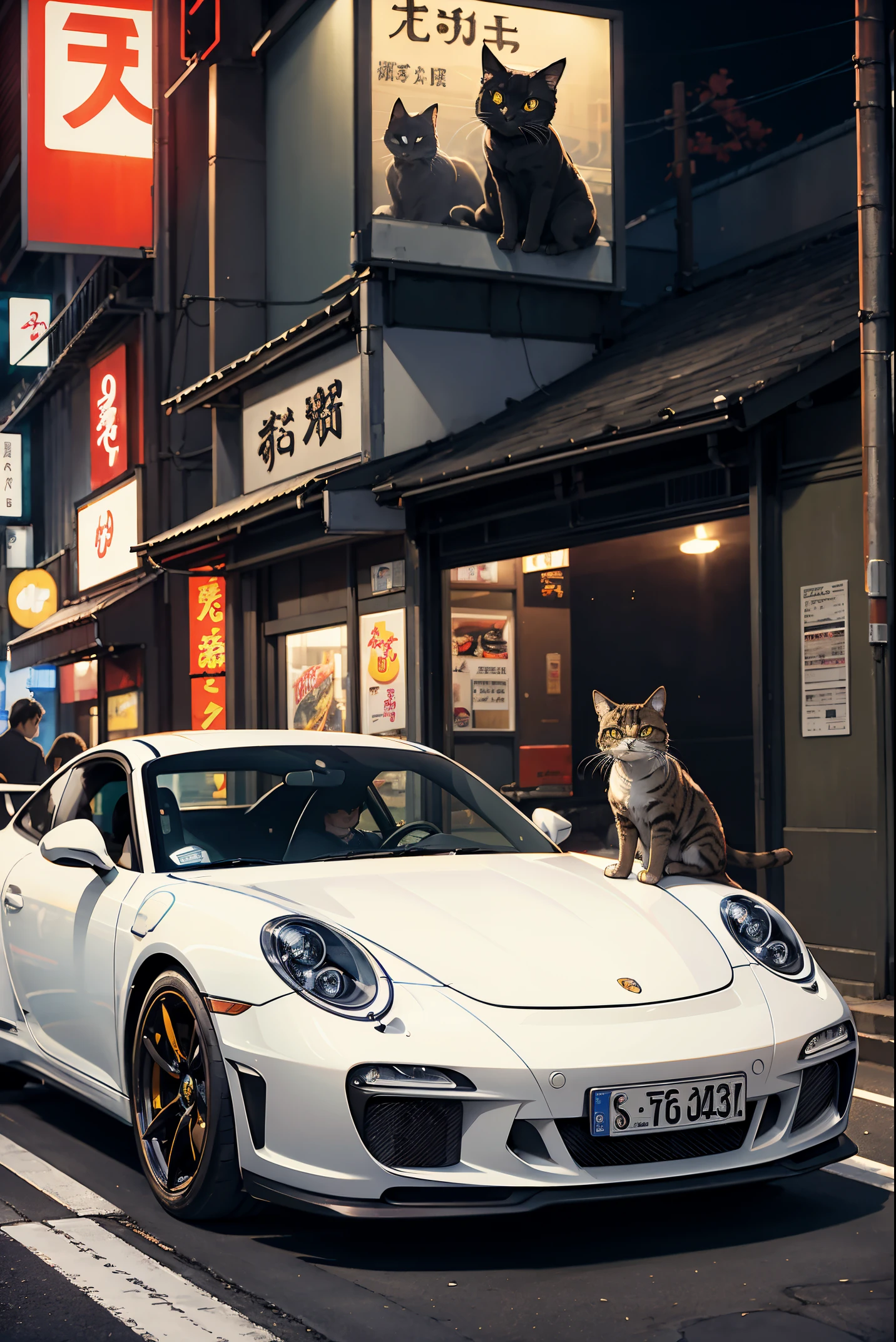 fast and furious with cats, streets of tokyo japan, image of porsche 911 gt3, dark brown tabby cat sitting beside car, highly detailed cat, correct proportions, night time, street lights, convenience store in background behind car