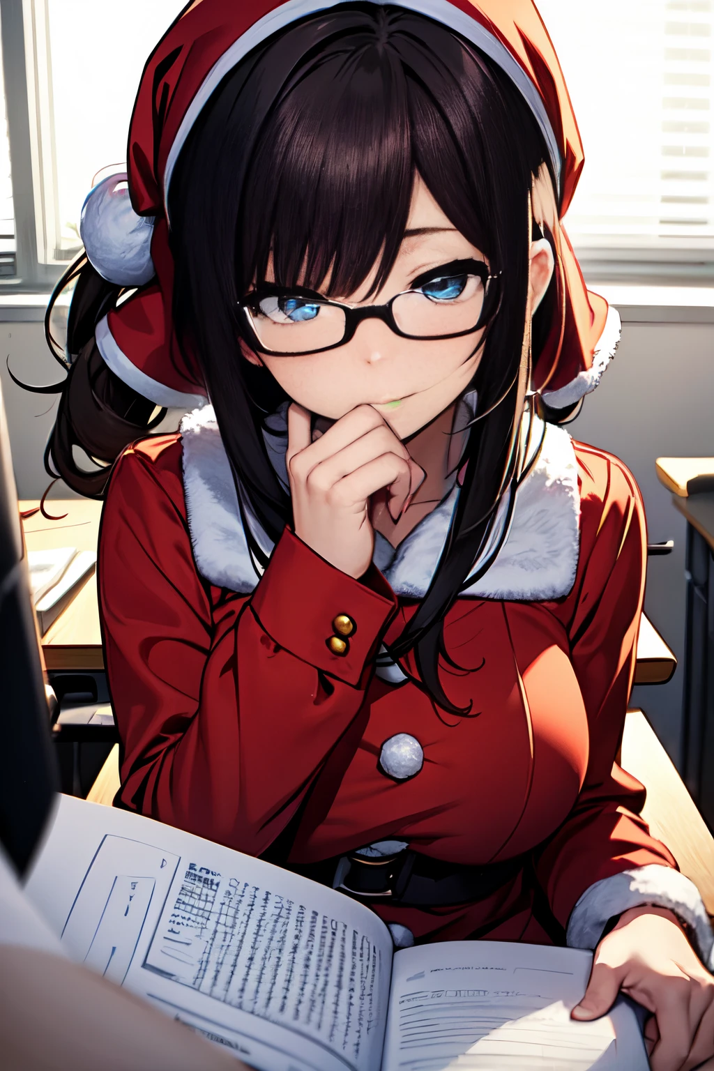 A dark-haired、Upper body、santa claus、santa costume、eye glass。top-quality, Photorealistic, An ultra-fine illustrations, beautiful attractive anime girl, miku hatsune, Slender body, Tied hair, one girls, a photo of girl, Full body shot, Beautiful blue eyes, Turned, in a office、Sitting at your desk、Women's Suits、split、Put your hand in your crotch、ahegao (fucked silly / sexual ecstasy)