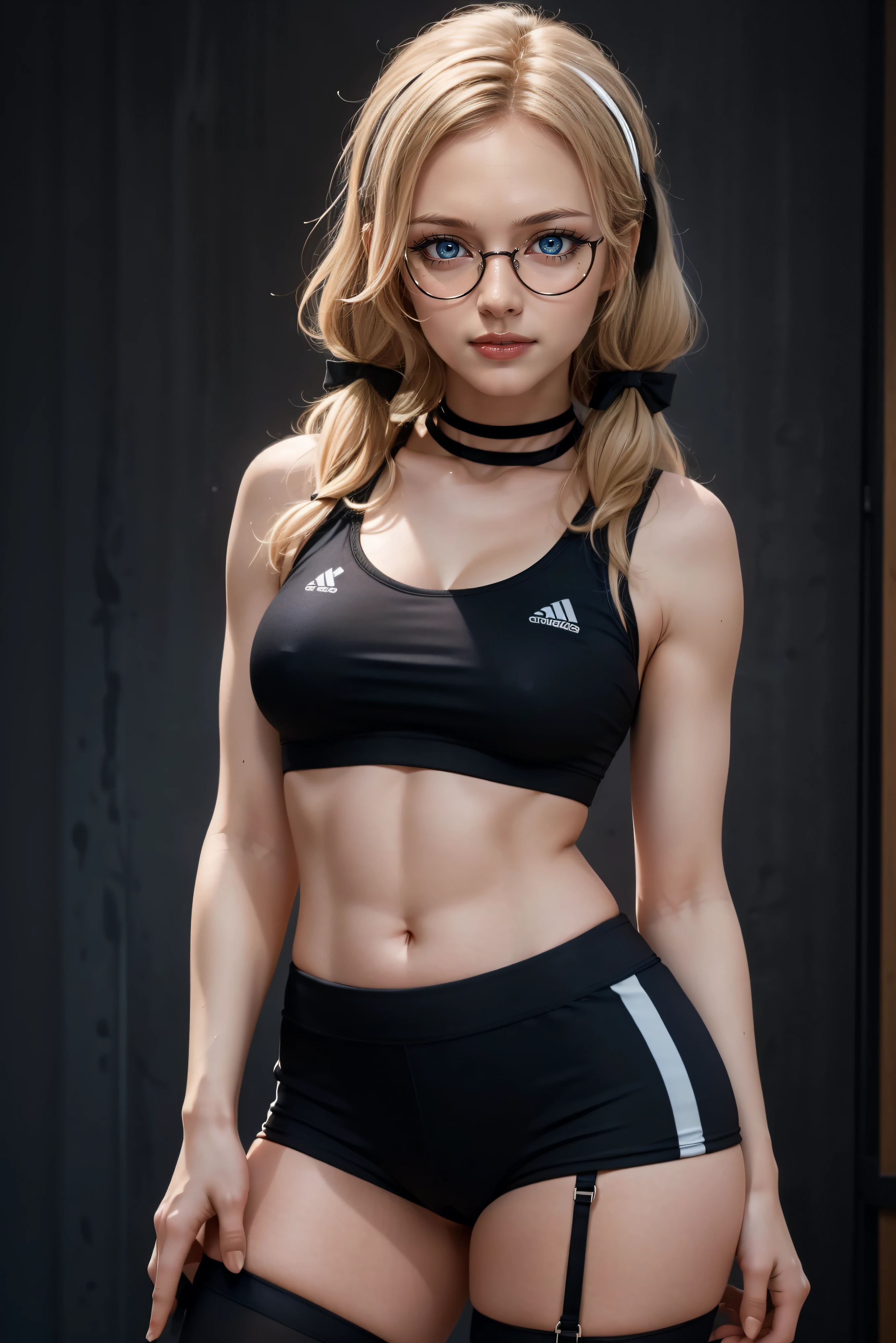 masterpiece, high res, 4k, (perfect anatomy:1.5), perfect long legs, perfect arms, sexy face, rose cheeks, volleyball player, sports bra, full body, long blonde hair with white bows and ribbons, pigtails, tiny body, large breasts, dark blue eyes, ((large round black rimmed glasses)), stockings, straps
