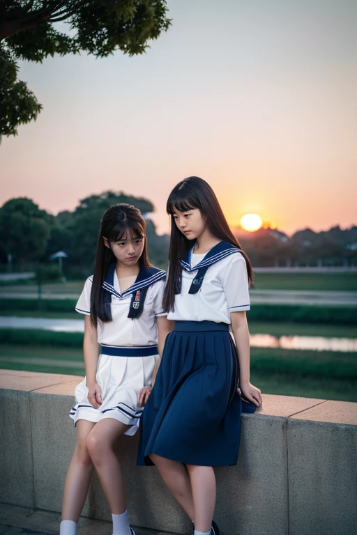 Ruins、((Two beautiful girls))、Same school uniform、Same sailor suit、20yr old、Wistful expression、Dark blue long skirt below the knee、Long straight hair、(early evening)、(Sunset)、frontage、