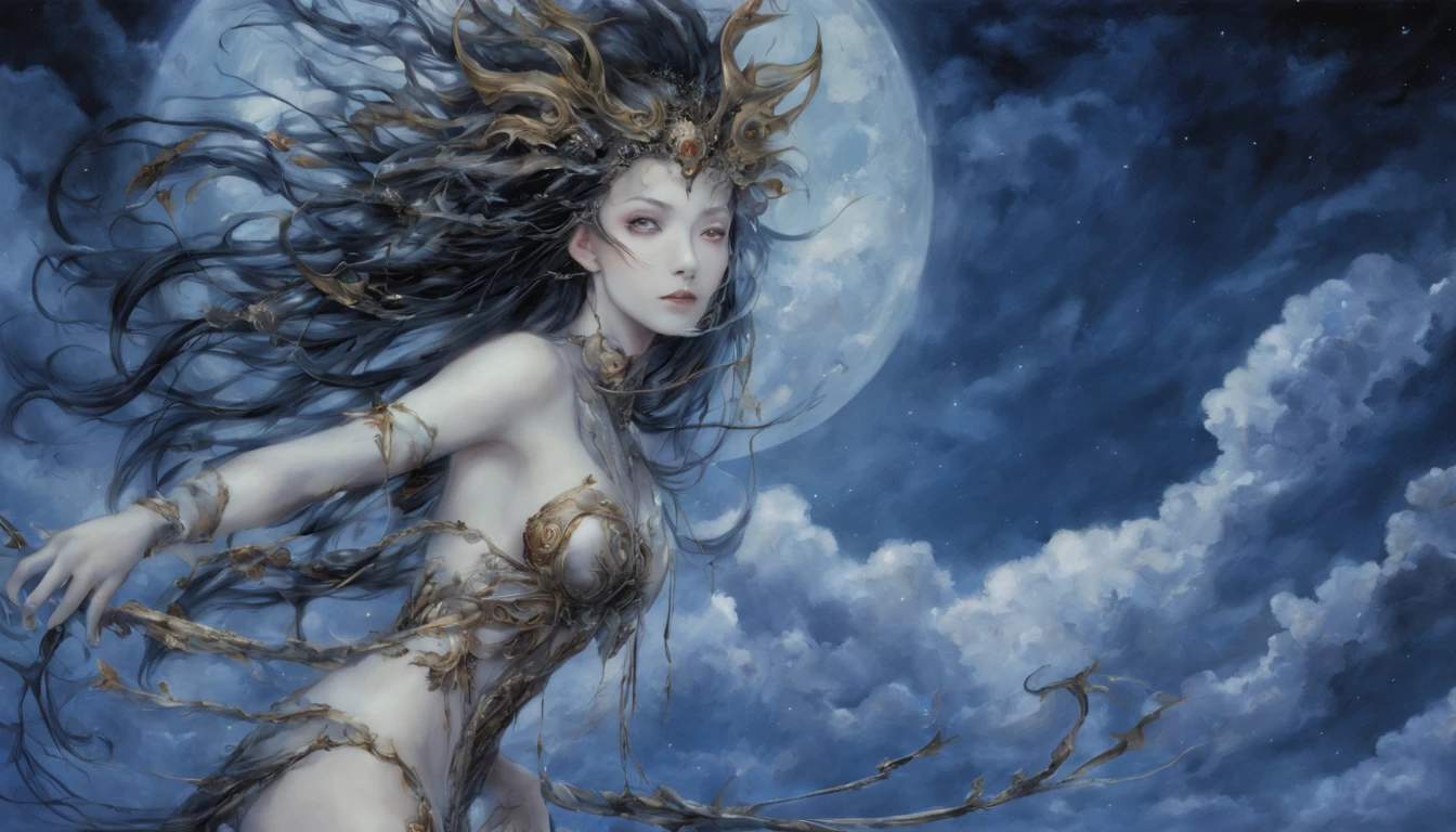 、Uma mulher、((qualidade superior))、((obra prima))、Retrato de Detalhe、succubuantastic seductive beauty、Float above cloudantasy illustrations:1.3)、Um olhar cativante、Pose Sedutora、asas delicadas、Charme do Outro Mundo、mystical sky、(Directed by: Luis Royo:1.shitaka Amano:1.1)、Noite de Lua、cores suaves、(Cloudscape detalhado:1.3)、(alta resolução:1.2)