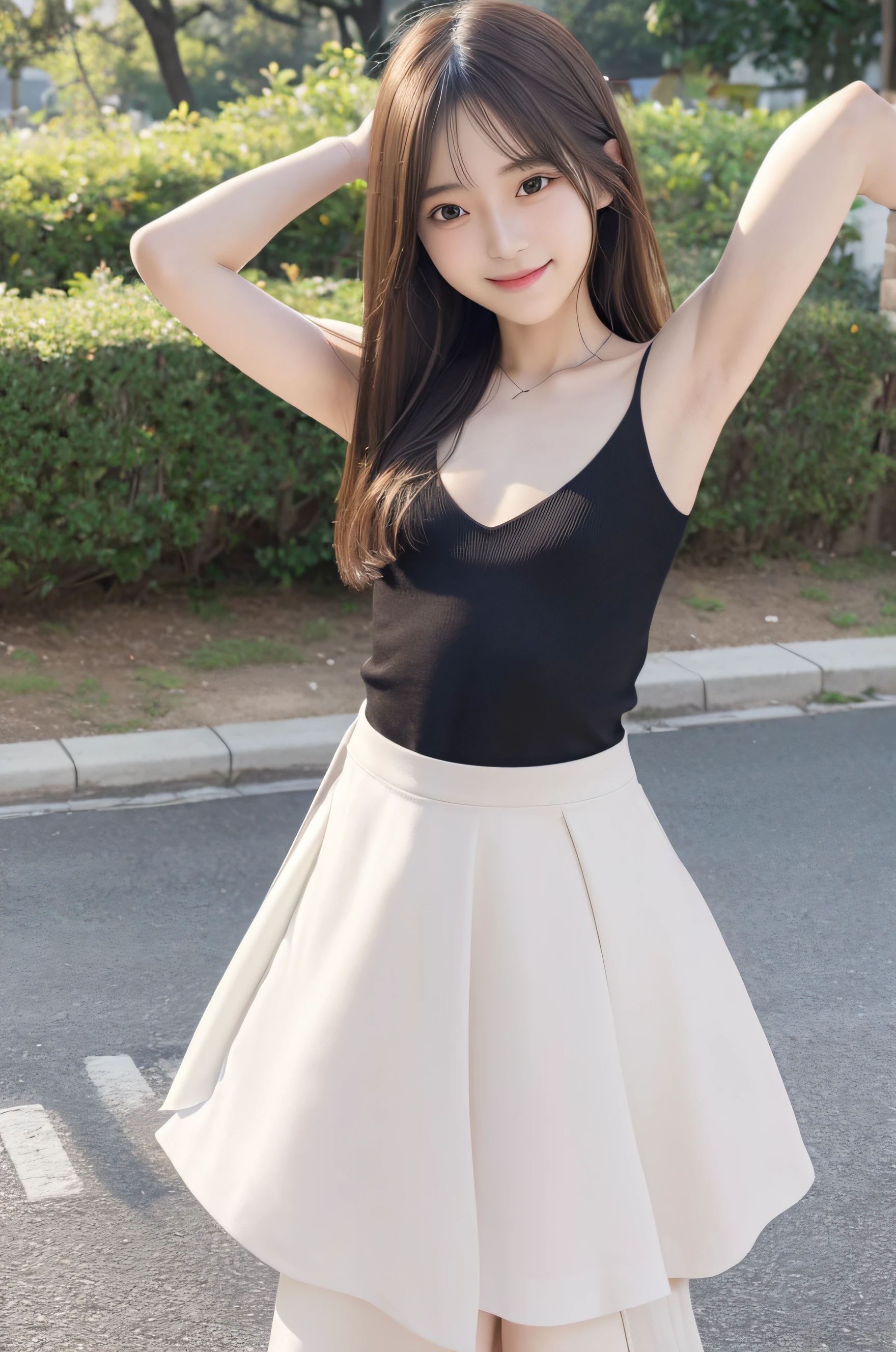 masutepiece、masterpiece、top-quality、ultra-detailliert、hight resolution、hight resolution、8K Portrait、Unity 8k Wallpapers、extremely details CG、Unity 8k壁纸、Highly detailed CG Unity 8k wallpaper、逼真、Portrait photos、shinny skin、high-detail、Ultra-fine depiction、(sixteen years old)、big breasts thin waist、Thin leg、skinny body、(flat chest:1.8)、(女の子1人)、a park、low angles、Big smile、(Off-shoulder knitted dresses)