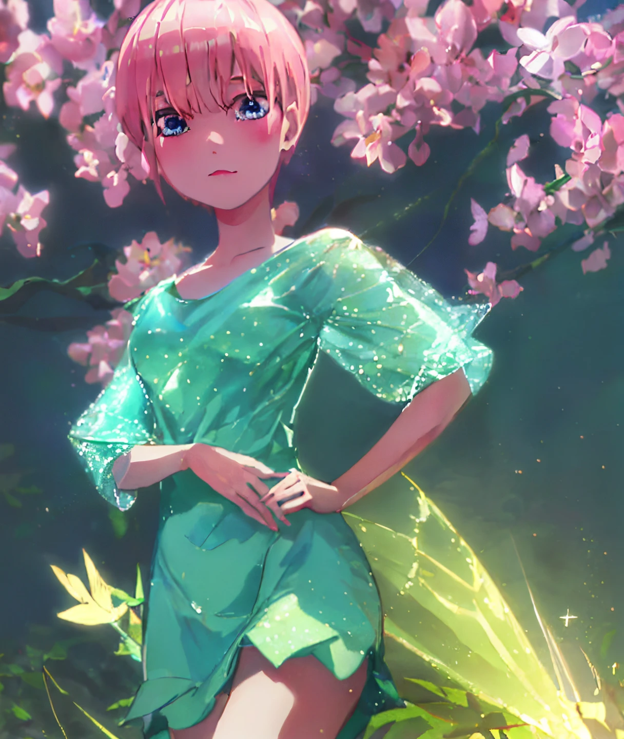 Sweet face, masterpiece, best quality, illustration, cute, (dynamic lighting:1.2), cinematic lighting, delicate facial features, detailed eyes, sharp pupils, realistic pupils, depth of field, bokeh, sharp focus, (hyper-detailed, bloom, glow:1.4), many small gems, crystal, ichika nakano, pretty teenage girl with pink short hair, aaichika, Nakano Ichima from The Quintessential Quintuplets, Ichika Nakano dressed up as Tinkerbell, masterpiece, 4k, ultradetailed, cowboy shot, nakano ichika, short pink hair, sparkling blue eyes, wearing a dress made of leaves, sweet curious face, fairy dust, adorable, cute, delicate, tender