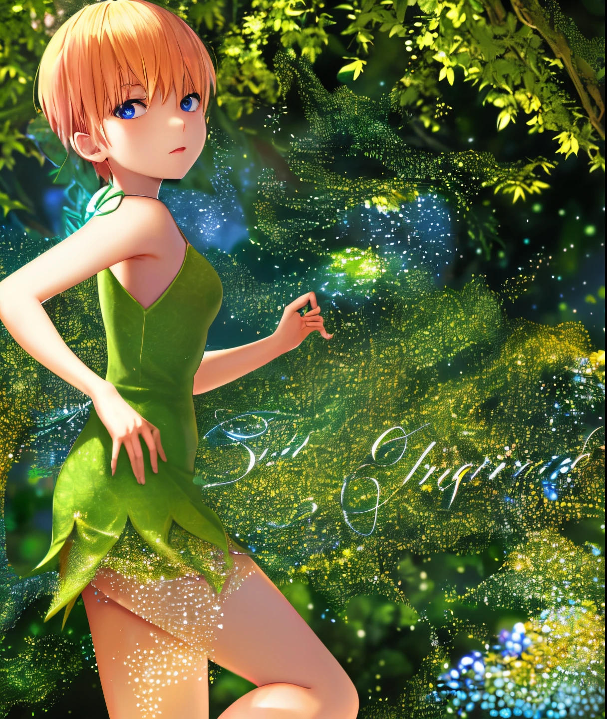 masterpiece, best quality, illustration, sax blue, platinum, 1girl, cute, (dynamic lighting:1.2), cinematic lighting, delicate facial features, detailed eyes, sharp pupils, realistic pupils, depth of field, bokeh, sharp focus, (hyper-detailed, bloom, glow:1.4), many small gems, crystal, ichika nakano, pretty girl with pink short hair, aaichika, Nakano Ichima from The Quintessential Quintuplets, Ichika Nakano dressed up as Tinkerbell, masterpiece, 4k, ultradetailed, cowboy shot, nakano ichika, short pink hair, sparkling blue eyes, wearing a dress made of leaves, green crystal leaves dress, Tinkerbell, Fairy dust