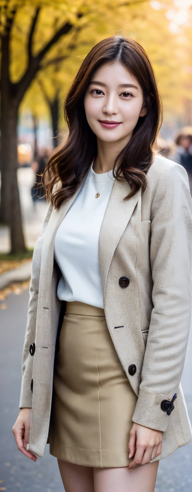 (8k, RAW photos, top quality, masterpiece: 1.2, ultra detailed, super resolution, real photos: 1.37), (Full body photo), 1 noble elegant Japanese lady, (standing contrapposte), winter season, ((pale color coodinate amber peach light brown other color, wearing over-size grey coat, beige long skirt, inner shirt, black tights, wearing long boots)), Shiny, Smile, Looks like 1.8 meters tall, large pelvis, Large breasts, big cuvy hips, Thin waist, Long legs, skin hyper-detail, 20 years old, Perfect face, (Detailed facial features), Wavy hair, Daylight, autumn season, center of street, crowd of people,