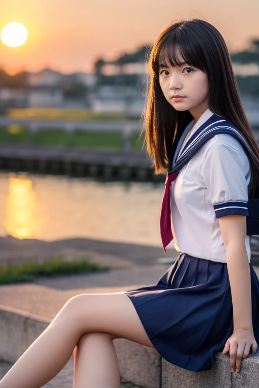 Ruins、((Two beautiful girls))、Same school uniform、Same sailor suit、13years、Wistful expression、Navy long skirt below the knee、Long straight hair、(early evening)、(Sunset)、frontage、