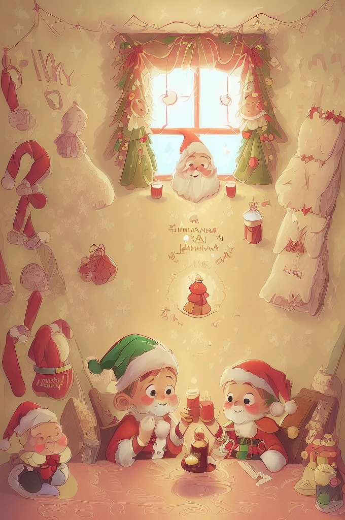 (((Use an illustration style), The room is decorated with a strong Christmas atmosphere. A string of shining colored lights hangs on the wall, Christmas wreath and little snowman on the windowsill, In the corner of the room stands a beautifully decorated Christmas tree. On a table, There are beautiful cutlery and red plates. In the center of the table, Have a sumptuous Christmas feast, Next to it is a bottle of red wine and two exquisite wine glasses. ((A boy wearing a cute Santa hat, A girl wearing a cute Santa Claus costume, They snuggle together)), Smiling and looking at each other,Eyes full of happiness and warmth. There are several scented candles lit in the room, It exudes a faint fragrance. Warm fire burning in the fireplace, Brings warmth and comfort to the entire room, Surreal, Psychedelic, Complicated details, Beautiful texture, Ethereal, like a dream, Soft glowing light, Charming Patterns, Fantasy creatures, Hidden surprises, dreamlike landscapes, Surreal color palette, Mystic aura, hyper realisitc, Enchanting journey, psychedelic trip, vivid imagination, immersive experience, Mysterious Christmas, otherworldly charm, glowing paths, Light up a magical Christmas, surreal sky, Whimsical themed festivals, a magical encounter, Fascinating artwork,(Ghibli-style colors, first person perspective, hyper HD, tmasterpiece, acurate, Anatomically correct, ctextured skin, super detailing, high detal, high qulity, Award-Awarded, Best quality at best, 8K)