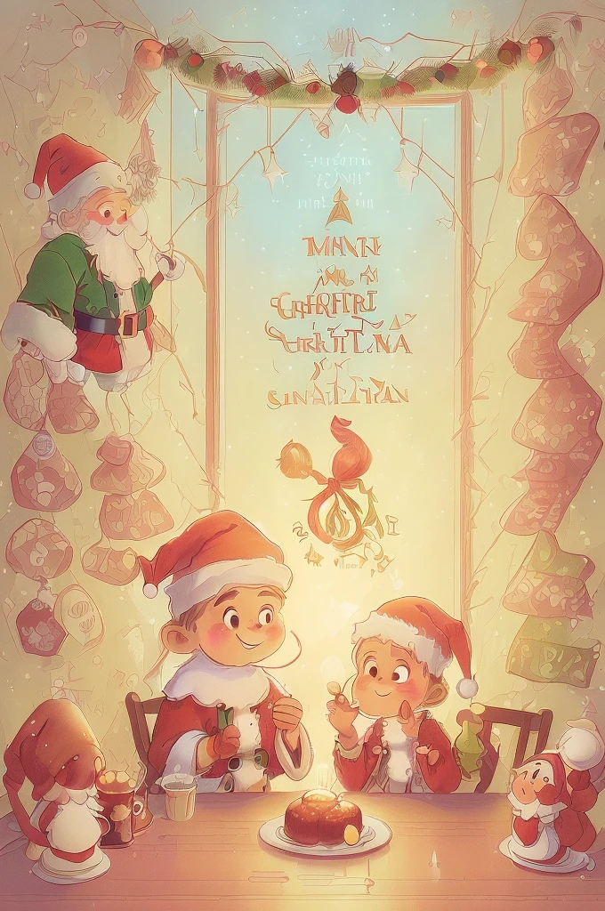 (((Use an illustration style), The room is decorated with a strong Christmas atmosphere. A string of shining colored lights hangs on the wall, Christmas wreath and little snowman on the windowsill, In the corner of the room stands a beautifully decorated Christmas tree. On a table, There are beautiful cutlery and red plates. In the center of the table, Have a sumptuous Christmas feast, Next to it is a bottle of red wine and two exquisite wine glasses. ((A boy wearing a cute Santa hat, A girl wearing a cute Santa Claus costume, They snuggle together)), Smiling and looking at each other,Eyes full of happiness and warmth. There are several scented candles lit in the room, It exudes a faint fragrance. Warm fire burning in the fireplace, Brings warmth and comfort to the entire room, Surreal, Psychedelic, Complicated details, Beautiful texture, Ethereal, like a dream, Soft glowing light, Charming Patterns, Fantasy creatures, Hidden surprises, dreamlike landscapes, Surreal color palette, Mystic aura, hyper realisitc, Enchanting journey, psychedelic trip, vivid imagination, immersive experience, Mysterious Christmas, otherworldly charm, glowing paths, Light up a magical Christmas, surreal sky, Whimsical themed festivals, a magical encounter, Fascinating artwork,(Ghibli-style colors, first person perspective, hyper HD, tmasterpiece, acurate, Anatomically correct, ctextured skin, super detailing, high detal, high qulity, Award-Awarded, Best quality at best, 8K)