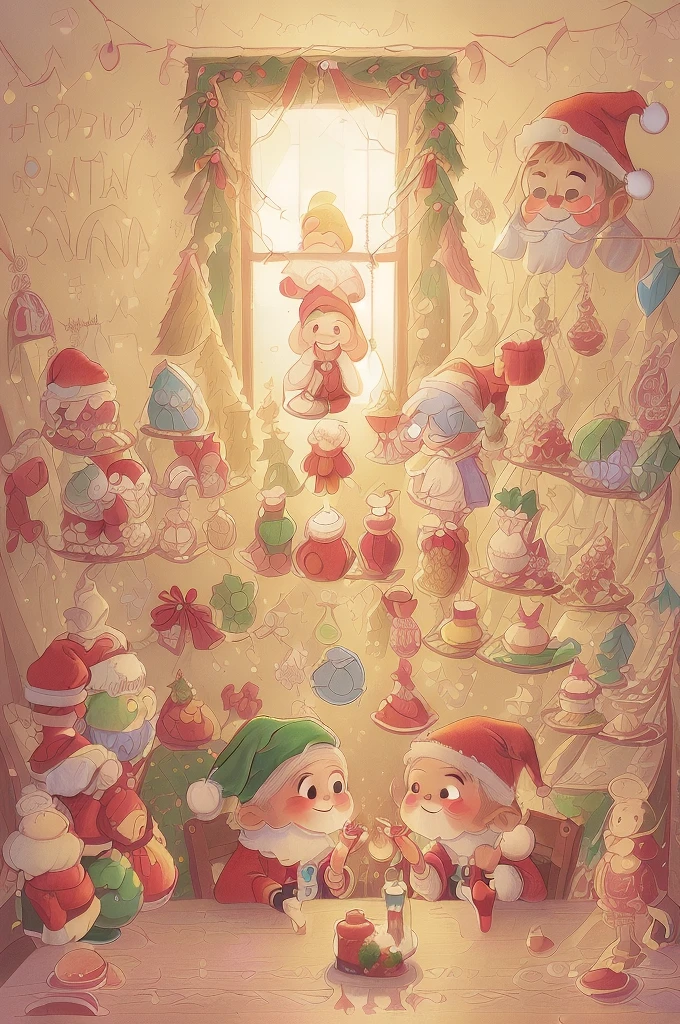 (((Use an illustration style), The room is decorated with a strong Christmas atmosphere. A string of shining colored lights hangs on the wall, Christmas wreath and little snowman on the windowsill, In the corner of the room stands a beautifully decorated Christmas tree. On a table, There are beautiful cutlery and red plates. In the center of the table, Have a sumptuous Christmas feast, Next to it is a bottle of red wine and two exquisite wine glasses. ((A boy wearing a cute Santa hat, A girl wearing a cute Santa Claus costume, They snuggle together)), Smiling and looking at each other，Eyes full of happiness and warmth. There are several scented candles lit in the room, It exudes a faint fragrance. Warm fire burning in the fireplace, Brings warmth and comfort to the entire room, Surreal, Psychedelic, Complicated details, Beautiful texture, Ethereal, like a dream, Soft glowing light, Charming Patterns, Fantasy creatures, Hidden surprises, dreamlike landscapes, Surreal color palette, Mystic aura, hyper realisitc, Enchanting journey, psychedelic trip, vivid imagination, immersive experience, Mysterious Christmas, otherworldly charm, glowing paths, Light up a magical Christmas, surreal sky, Whimsical themed festivals, a magical encounter, Fascinating artwork，(Ghibli-style colors, first person perspective, hyper HD, tmasterpiece, acurate, Anatomically correct, ctextured skin, super detailing, high detal, high qulity, Award-Awarded, Best quality at best, 8K)