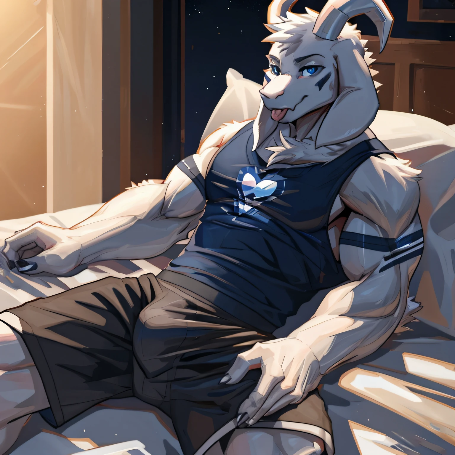 Undertale, ((Asriel Dreemurr))) with ((neck tuft)) and ((fluffy tail) and ((light navy blue eyes)), (detailed white goat x Asriel Dreemurr), (detailed lighting), ((detailed fluffy skin)), slightly muscular body, (small goat tail), uploaded to e621, [NSFW, BIG BULGE], big floppy ears, (looking away from the viewer), manly face, laying in bed, [Private cozy place], (detailed paws), short black boxers underwear, taking off top clothes, black color tongue out, romantical