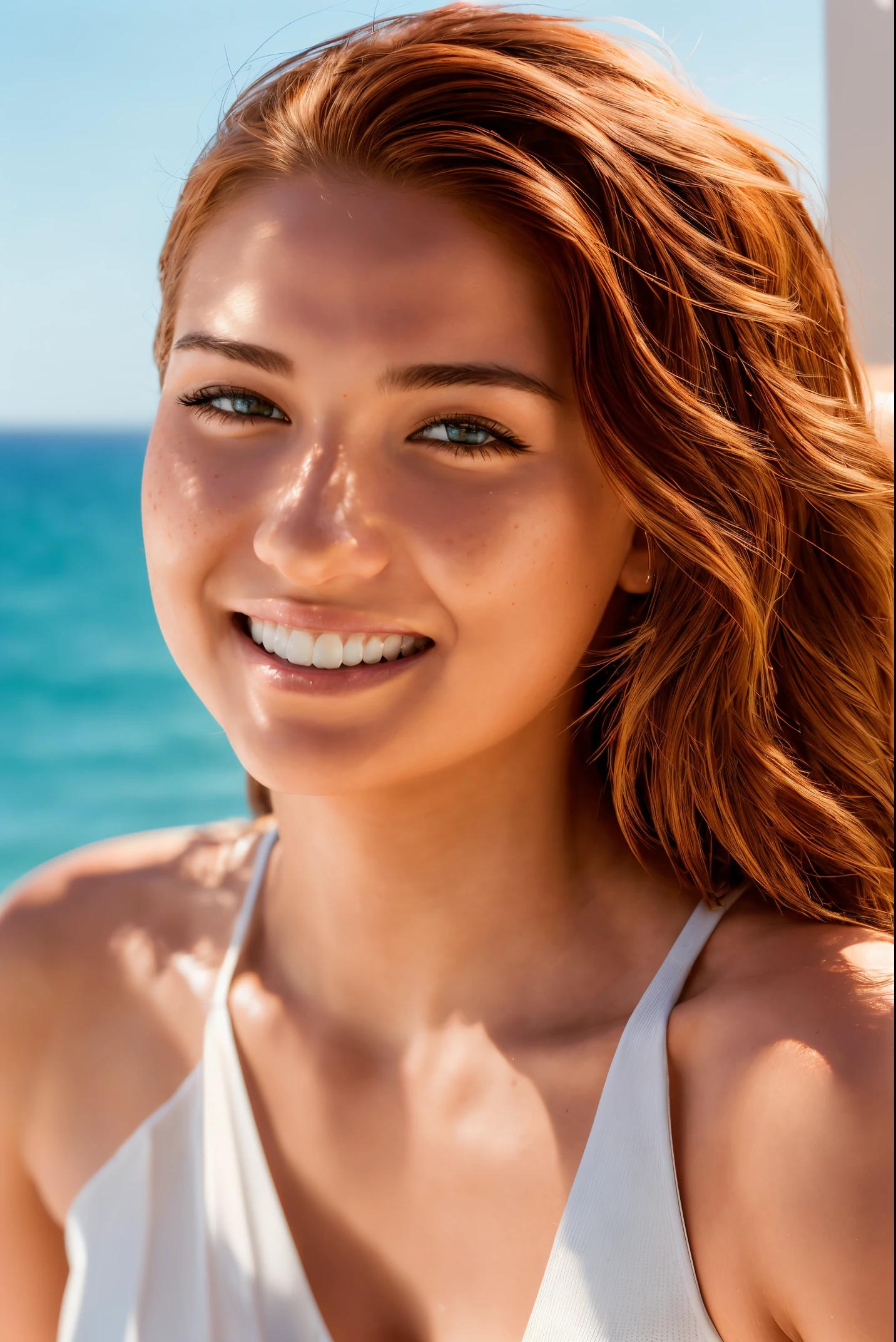 Photo for Instagram blog post with perfect young woman with smile playfully, face to camera. slim, red hair, pale, freckles, Balcony. Summer. morning, 8K. RAW image. Captured with a Canon EOS 5D Mark IV. High quality. High resolution image. Hyper realistic. HQ. Sharp details. Beautiful. Cinematic lighting. Award - winning photography. Clean sharp focus. Significant textures. Dynamic pose. Adorable cinematic. Crystal clear feel. Fine details. Capturing exquisite detail in 8K. Magazine photography. Advertising photography. High Quality. HD. Perfect shading.