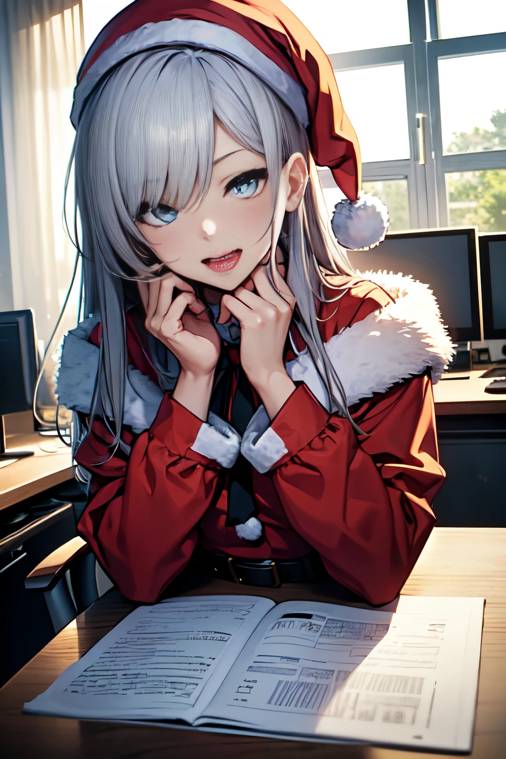 、Upper body、santa claus、santa costume、eye glass。top-quality, Photorealistic, An ultra-fine illustrations, beautiful attractive anime girl, miku hatsune, Slender body, Tied hair, one girls, a photo of girl, Full body shot, Beautiful blue eyes, Turned, in a office、Sitting at your desk、Women's Suits、split、Put your hand in your crotch、Ahegao (fucked silly / Sexual ecstasy)