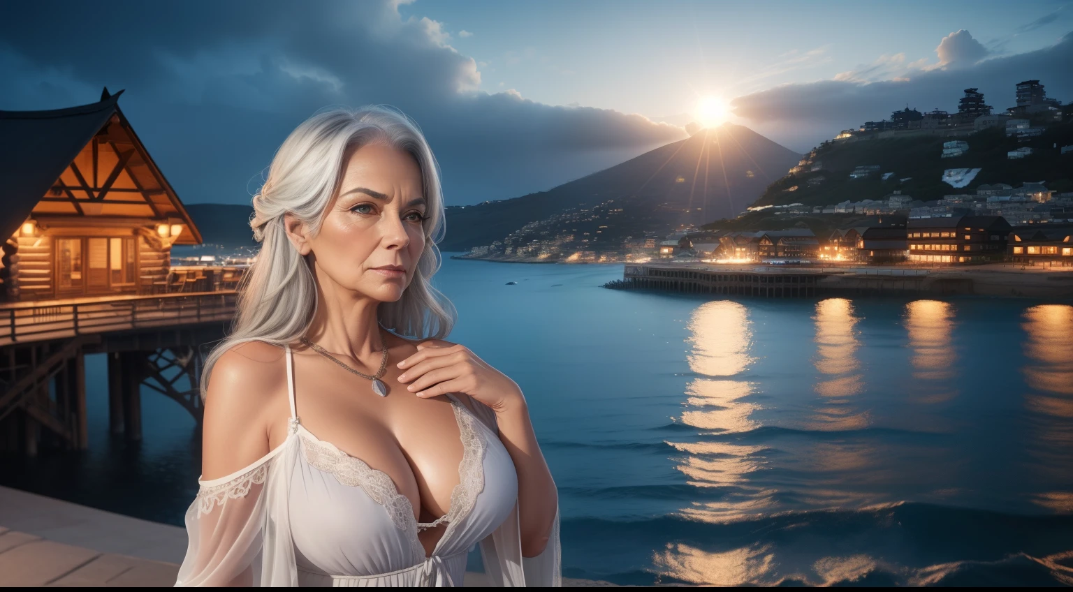 portrait of a 65-year-old woman with gray hair, seductive gaze, long blck hair, brown eyes, a lot of wrinkles on her face, detailed wrinkles (8K, high resolution、The ultra -The high-definition、An ultra-high picture quality、Ultrarealistic、Best Quality、masuter piece:1.2)(medium chest、Large cleavage:1.2)(medium breasts are exposed、(Old women in Europe、high-mountaings:1.18)、(Beautiful beach lodge:1.18) transparent western tunic dress, clearly visible pubic shape, partially visible breasts, eyes visible through hair, proper eye position, backlight, cinematic light, rim light, soft light, hips, night time, soft moonlight, city side background, detailed color graded background, intricate, highly detail, octane render, HD, 8k, bondi beach background.