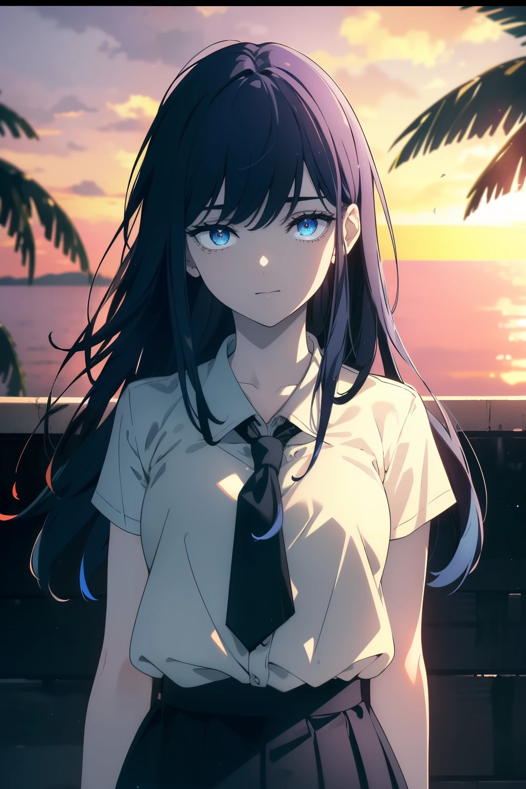 (Obra maestra, La mejor calidad, ultrahigh resolution), standing, school uniforms, white office shirt, black pleated skirt, (retro sunset background, palm trees), (blue, dark blue hair:1), long hair cut, pale skin, ((blue eyes)), glowing_eyes, neon eyes, (ultra detailed eyes, beautiful and detailed face, detailed eyes), ((centered)), smile, ((wide shot)), facing viewer, eye level, (blurry background, bright summer background, summer), flat chested, looking at viewer, ((half closed eyes)), ((perfect hands)), (((head, arms, hips:0.7, elbows, in view))), empty eyes, beautiful lighting, outside, outdoors, background,