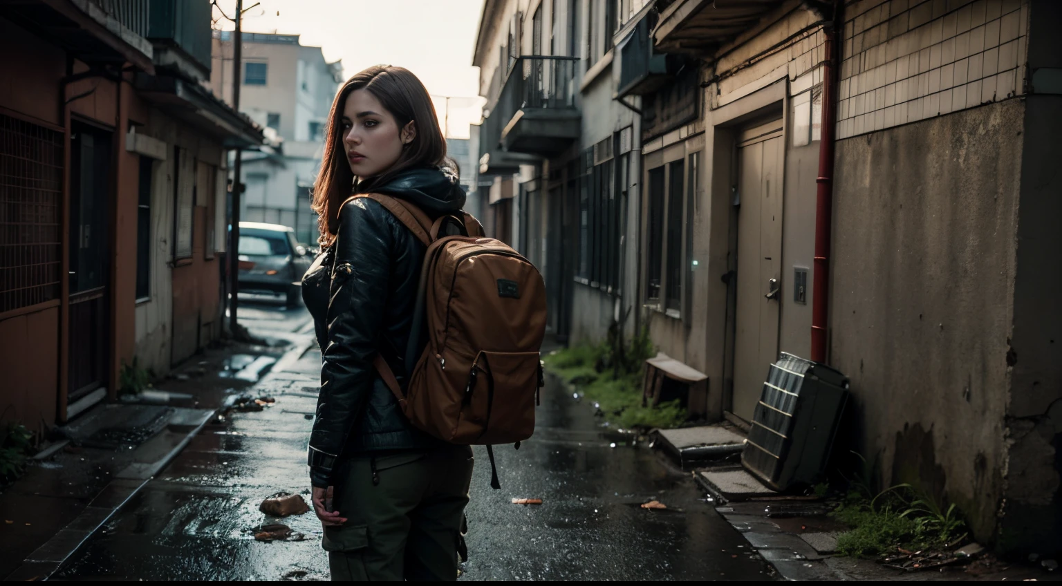 Mulher 25 anos, cabelo castanho longo amarrado, olhos azuis, com mochila cargueira cor verde, moletom marrom, Fabrica, Hyper realistic cinematic lighting super details skin texture , survival, destruction, 8k, Ultra HD | | | | |, (Post-apoc, Post-apoc_character)