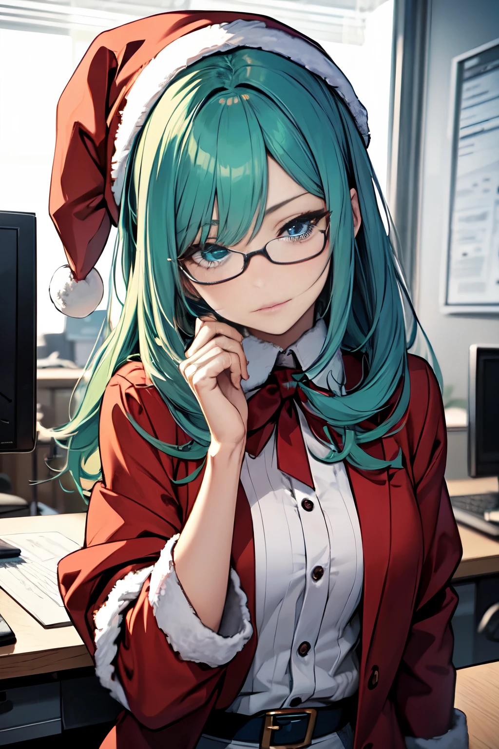 、Upper body、santa claus、santa costume、eye glass。top-quality, Photorealistic, An ultra-fine illustrations, beautiful attractive anime girl, miku hatsune, Slender body, Tied hair, one girls, a photo of girl, Full body shot, Beautiful blue eyes, Turned, in a office、Sitting at your desk、Women's Suits、split、Put your hand in your crotch、Ahegao (fucked silly / Sexual ecstasy)