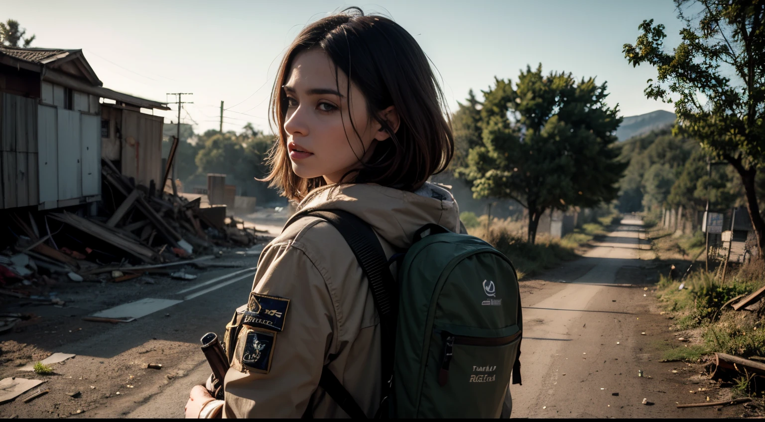 Mulher 25 anos, cabelo castanho longo amarrado, olhos azuis, com mochila cargueira cor verde, moletom marrom, With rifle in hand, Forest destroyed, Hyper realistic cinematic lighting super details skin texture , survival, destruction, 8k, Ultra HD | | | | |, (Post-apoc, Post-apoc_character)