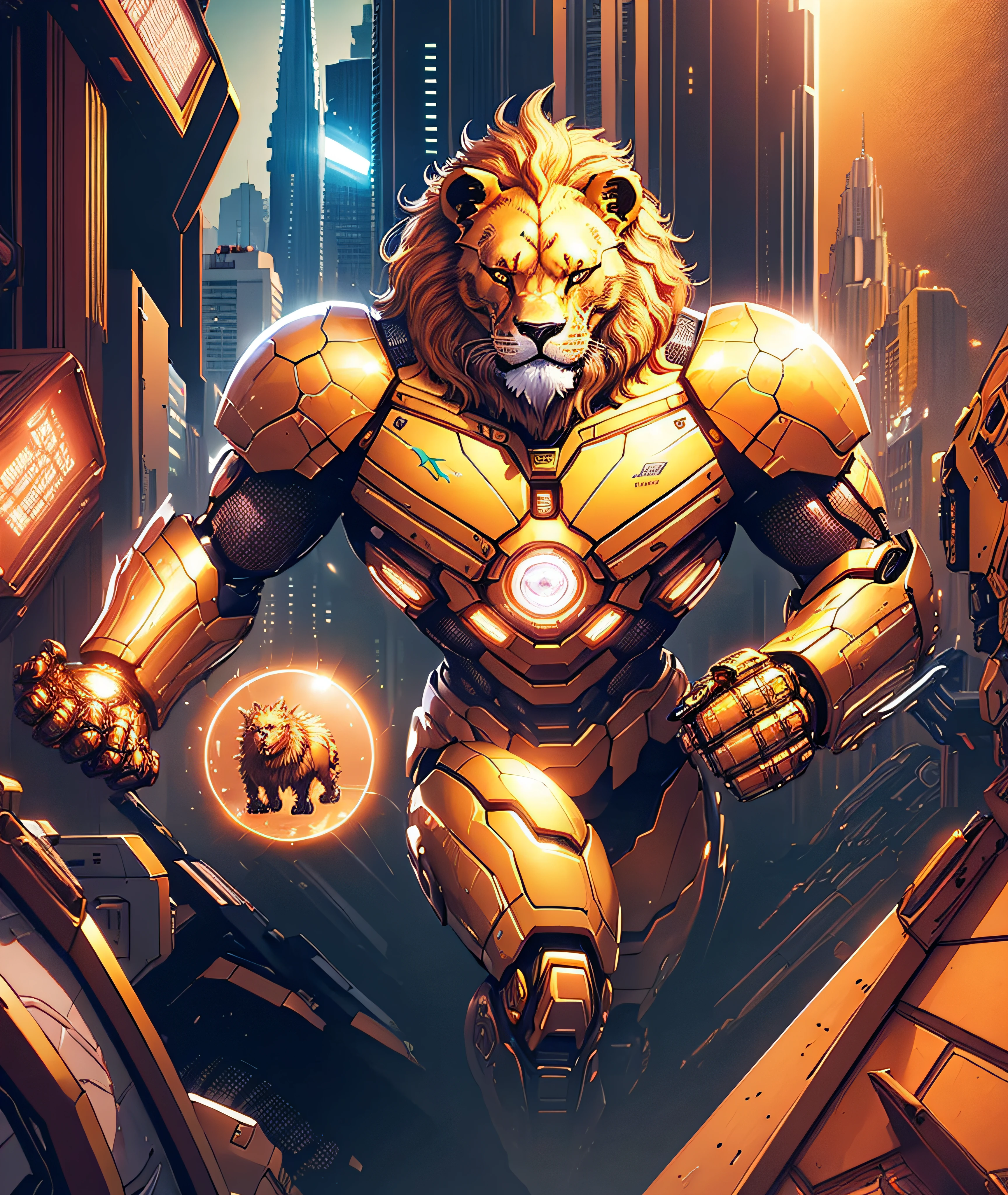 (masterpiece, best quality:1.33), A realistic and immersive digital illustration of an artificial intelligence lion/robot made of glass/gold, having its own unique adventures. The lion-robot is autonomous, curious and creative, In the illustration, we see the lion-robot as it explores and navigates planet Earths city of San Francisco. It encounters and investigates various elements best quality 8k art by Ray Shark