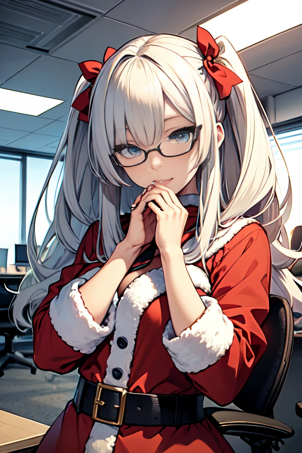 、Upper body、santa claus、santa costume、eye glass。top-quality, Photorealistic, An ultra-fine illustrations, beautiful attractive anime girl, miku hatsune, Slender body, Tied hair, one girls, a photo of girl, Full body shot, Beautiful blue eyes, Turned, in a office、Sitting at your desk、Women's Suits、split、Put your hand in your crotch、Ahegao (fucked silly / Sexual ecstasy)
