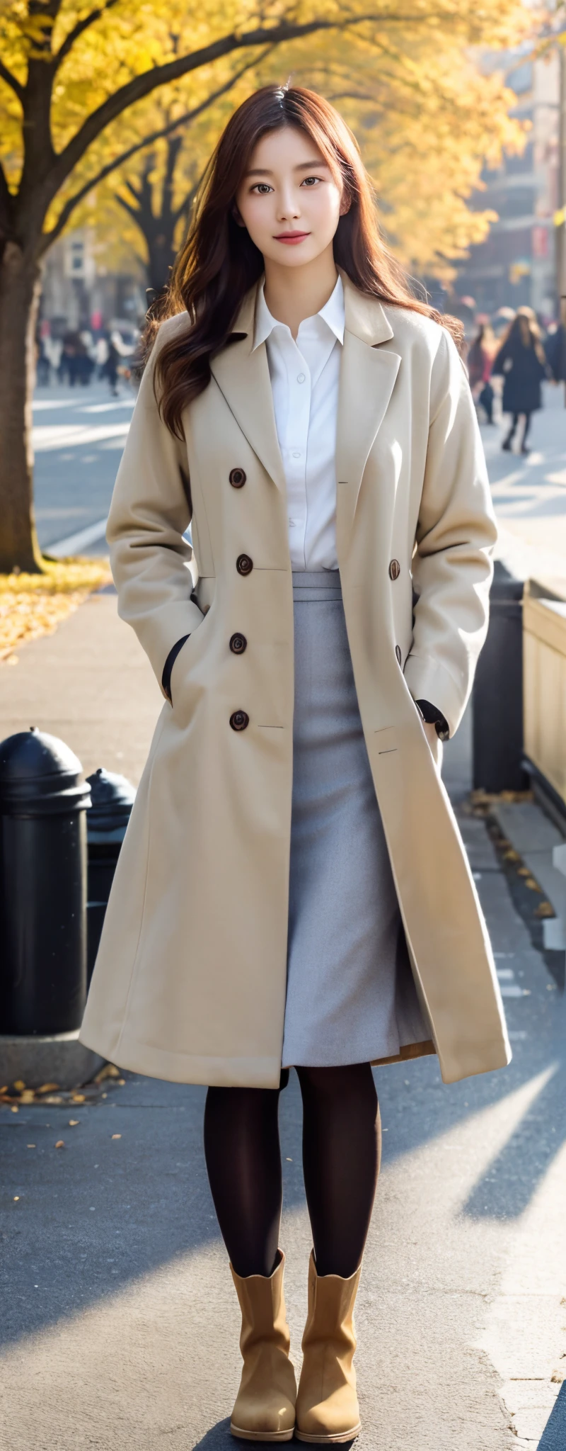 (8k, RAW photos, top quality, masterpiece: 1.2, ultra detailed, super resolution, real photos: 1.37), (Full body photo), 1 noble elegant Japanese lady, (standing contrapposte), winter season, ((winter pale color coodinate, wearing over-size grey coat, beige long skirt, inner shirt, black tights, wearing long boots)), Shiny, Smile, Looks like 1.8 meters tall, large pelvis, winter skarf, Large breasts, big cuvy hips, Thin waist, Long legs, skin hyper-detail, 20 years old, Perfect face, (Detailed facial features), Wavy hair, Daylight, autumn season, center of street, crowd of people,