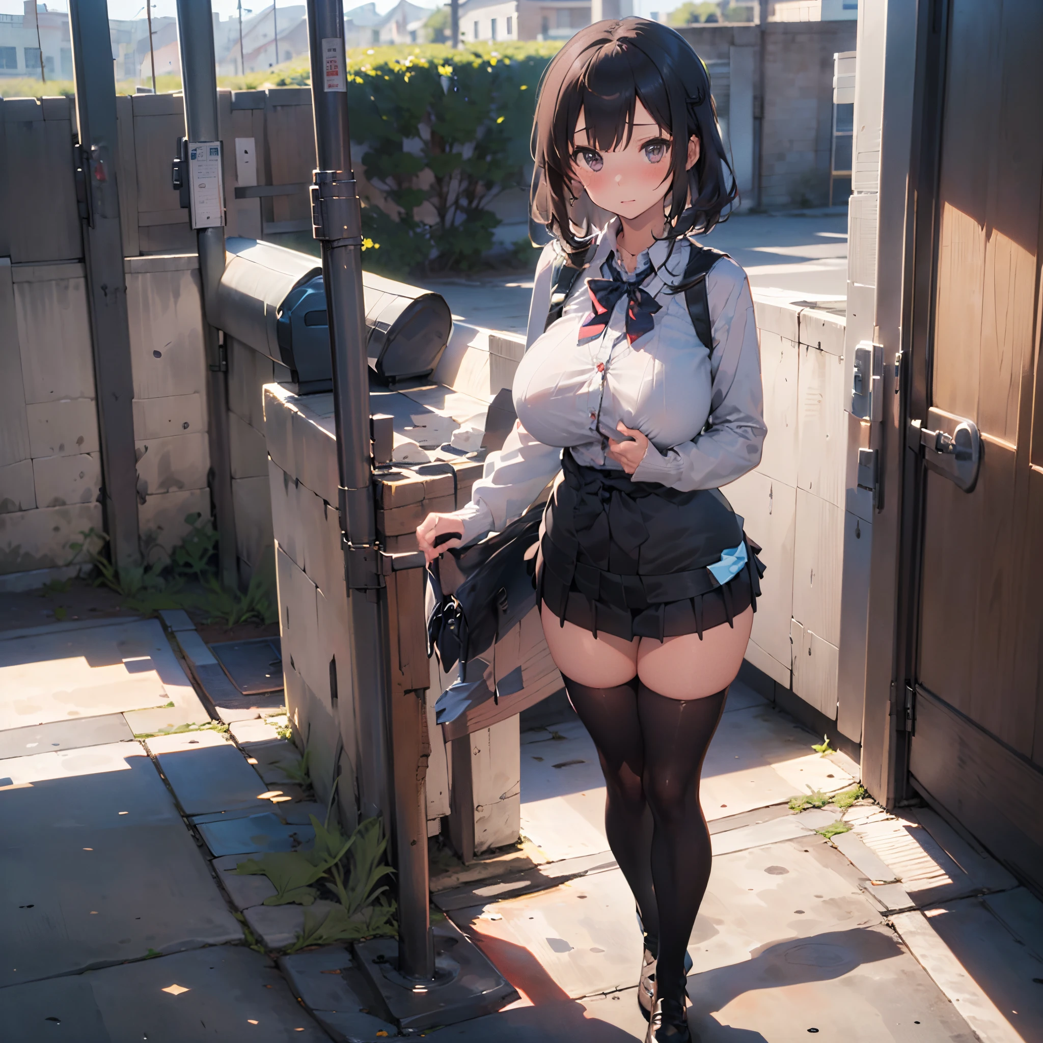 (1 girl standing:1.3), (solo:2.0), (huge perky breasts:1.7), (thin waist:1.3), (thin long legs:1.5), (black thighhighs:1.3), (very short miniskirt:1.8), nose blush, embarrassed, school uniform, cardigan