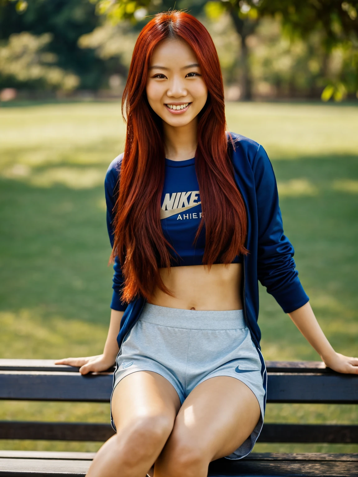 Amazing Portrait of an asian woman, long red hair, sitting on a bench, wearing nike clothes, smiling perfect face, hyper realistic, no default, sad face, sunny day, 4k