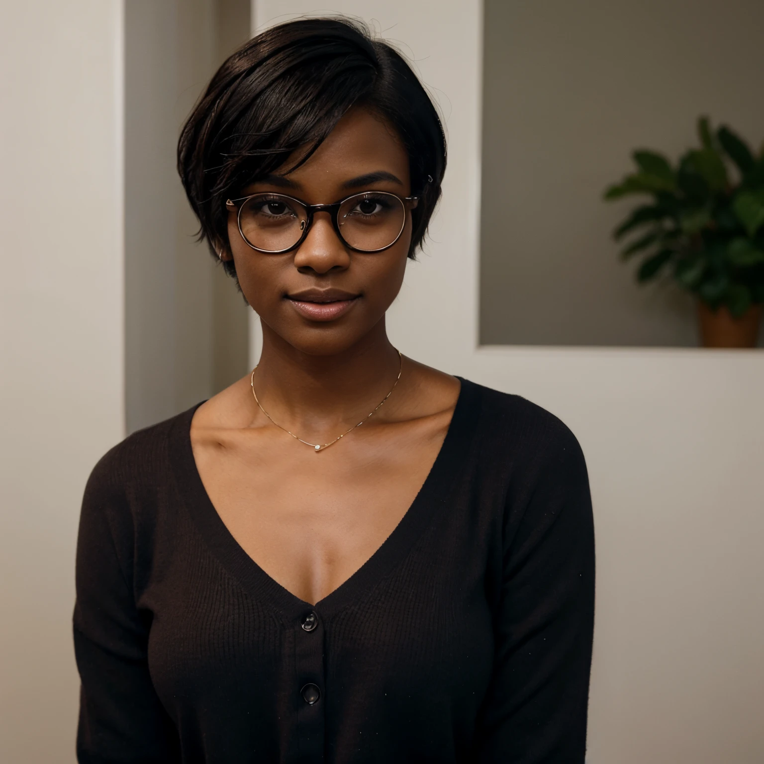 A woman with dark skin, short hair and glasses. Her skin tone is warm and dark, showing a beautiful complexion. Her short hair frames her face in an elegant and practical way. She wears glasses that highlight her style and give her a distinctive touch. Her presence reflects confidence and modernity, highlighting a combination of elegance and comfort in her appearance.