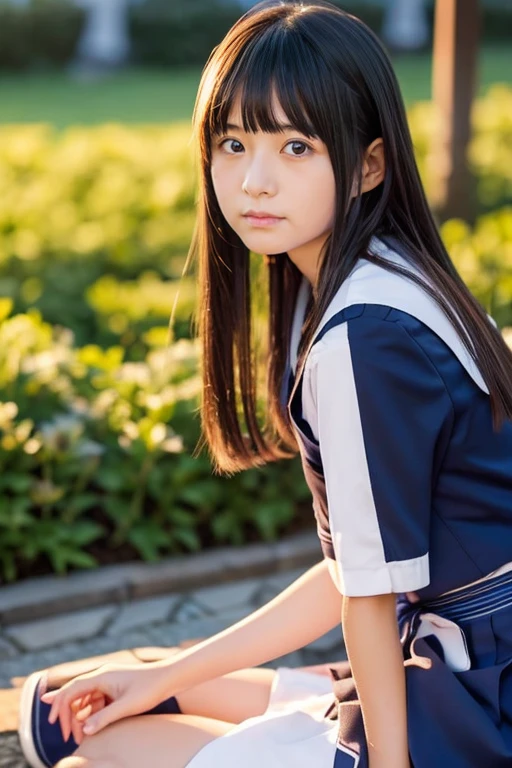 Ruins、((two beautiful japanese girls))、Same school uniform、Same sailor suit、 eyes、With bangs、serious facial expression、Navy long skirt below the knee、Long straight hair、(early evening)、(Sunset)、frontage、