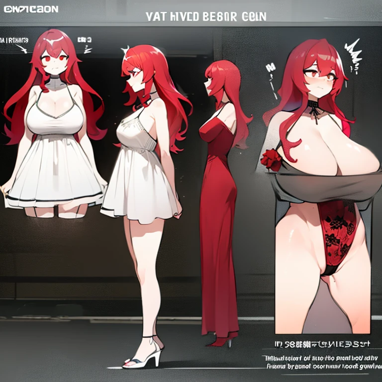 long wavy hair, vibrant fiery red hair, skinny, gigantic breasts, 2 breasts, anime girl, erect nipples poking through dress, black high heels, with a deep red hue dress with a subtle floral pattern, and lace overlay, mid neckline, form-fitting silhouette, ankle length with knee high slit