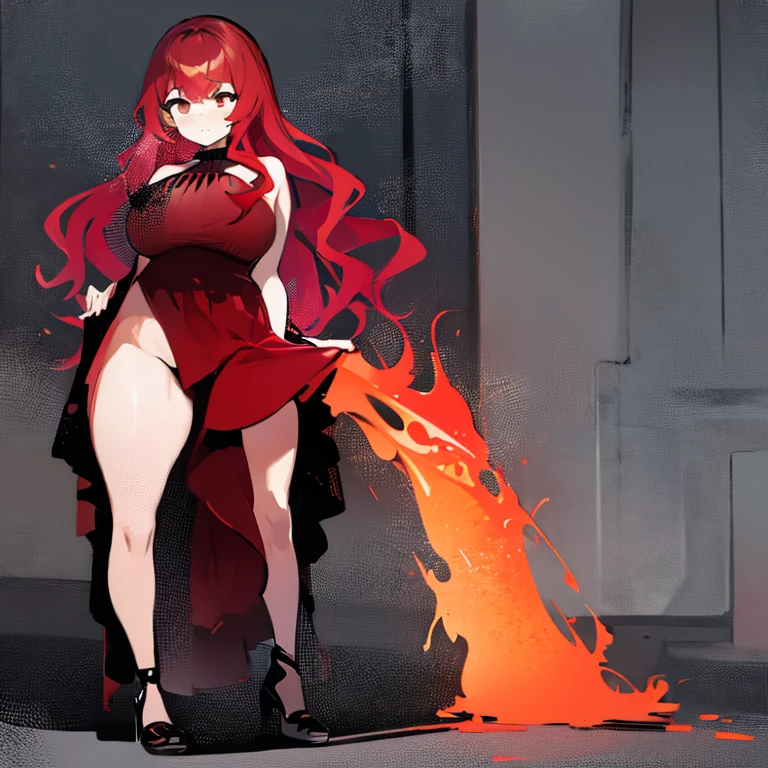 long wavy hair, vibrant fiery red hair, skinny, gigantic breasts, 2 breasts, anime girl, erect nipples poking through dress, black high heels, with a deep red hue dress with a subtle floral pattern, and lace overlay, mid neckline, form-fitting silhouette, ankle length with knee high slit