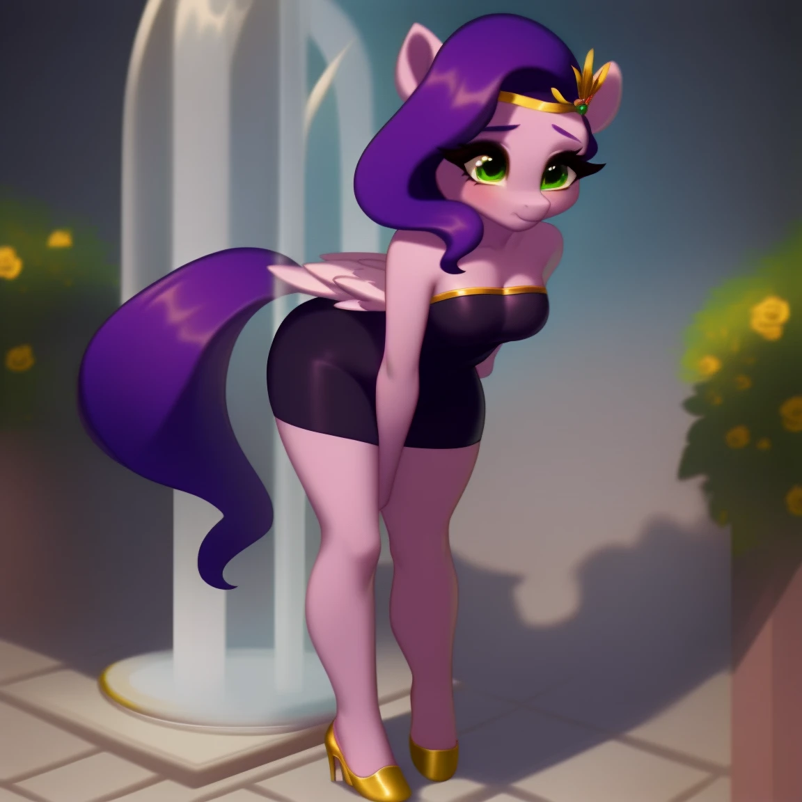 vidia como caballo, desde atras, grandes pechos, hombros descubiertos, Looking back, ponytail, very long hair, multicolored hair between black and purple, huge ass, open legs pussy is visible, falda corta con plieges