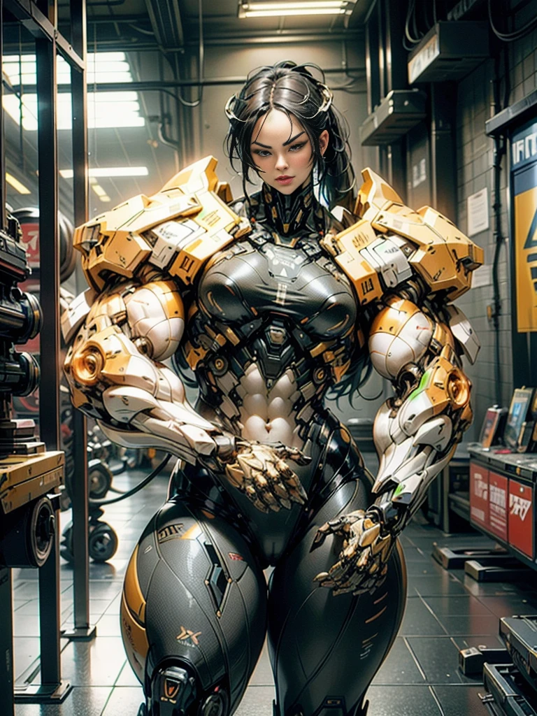 Cinematic, hyper-detailed, and insanely detailed, this artwork captures the essence of megan fox with breathtaking beauty. The color grading is beautifully done, enhancing the overall cinematic feel. Unreal Engine brings her anatomic cybernetic muscle suit to life, appearing even more mesmerizing. With the use of depth of field (DOF), every detail is focused and accentuated, drawing attention to her eyes and the intricate design of the anatomic cybernetic muscle suit . The image resolution is at its peak, utilizing super-resolution technology to ensure every pixel is perfect. Cinematic lighting enhances her aura, while anti-aliasing techniques like FXAA and TXAA keep the edges smooth and clean. Adding realism to the anatomic cybernetic muscle suit, RTX technology enables ray tracing. Additionally, SSAO (Screen Space Ambient Occlusion) gives depth and realism to the scene, the girl's anatomic cybernetic muscle suit become even more convincing. In the post-processing and post-production stages, tone mapping enhances the colors, creating a captivating visual experience. The integration of CGI (Computer-Generated Imagery) and VFX (Visual Effect brings out the anatomic cybernetic muscle suit's intricate features in a seamless manner. SFX (Sound Effects) complement the visual artistry, immersing the viewer further into this fantastic world. The level of detail is awe-inspiring, with intricate elements meticulously crafted, the artwork hyper maximalist and hyper-realistic. Volumetric effects add depth and dimension, and the photorealism is unparalleled. The image is rendered in 8K resolution, ensuring super-detailed visuals. The volumetric lightning adds a touch of magic, highlighting her beauty and the aura of her anatomic cybernetic muscle suit in an otherworldly way. High Dynamic Range (HDR) technology makes the colors pop, adding richness to the overall composition. Ultimately, this artwork presents an unreal portrayal of a super muscled cybernetic female android