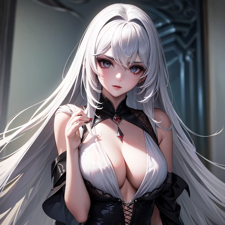 Incredibly detailed photograph of a beautiful vampire alien woman, Renacimiento, Pelo largo y blanco, intrincados ojos blancos, fantastical, Ombligo descubierto, Traje de lujo blanco