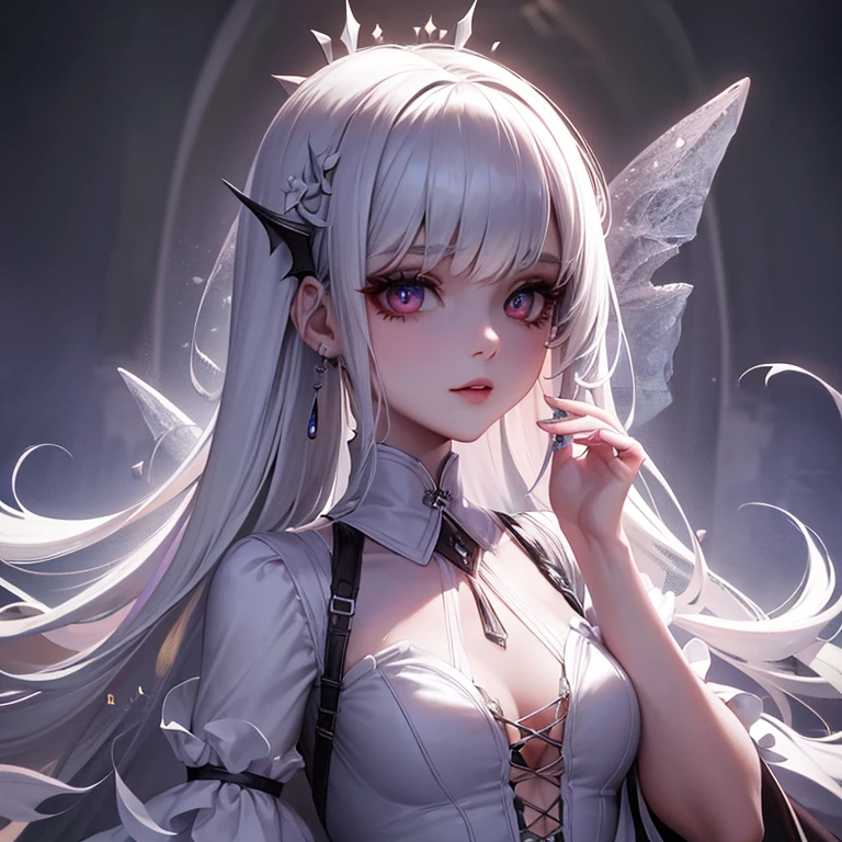 Incredibly detailed photograph of a beautiful vampire alien woman, Renacimiento, Pelo largo y blanco, intrincados ojos blancos, fantastical, Ombligo descubierto, Traje de lujo blanco
