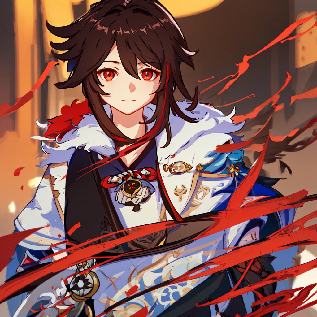 A boy, with messy LONG boyish hair, BROWN hair, RED eyes, adorable eyes, (correct anatomy, advanced details, high quality result), (male), (solo), (young), [realistic], [vivid colors], [studio lighting], [sharp focus], [physically-based rendering], [extreme detail description], [portraits], [soft and warm tones], [natural lighting], [Genshin Model Style], [Genshin Impact Model Style]