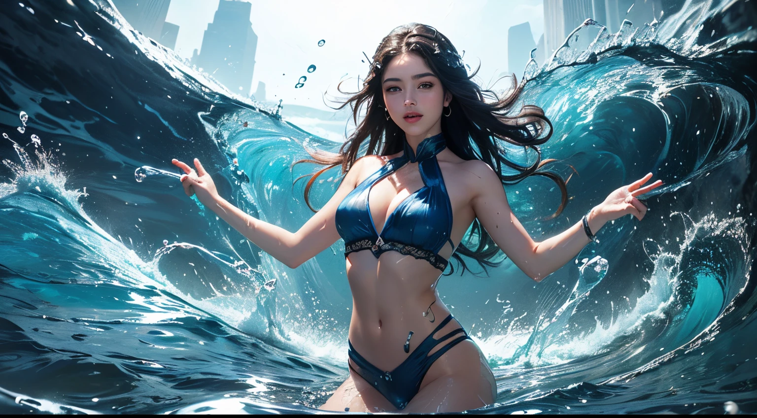 mulher bonita, dynamic pose, Movimento suave, (water, water dress, stream of water, controlling water:1.2), sorriso sutil, corpo inteiro, abdominais finos ,Rosto ultra-detalhado, Olhos detalhados, pele brilhante, Glossy Lips , testa, sobrancelhas grossas, Antecedentes detalhados, tons de azul, ethereal atmosphere, , (Arte Oficial, Unity 8k papel de parede, ultra detalhado, Beautiful and Aesthetic, master part ,best quality:1.3)