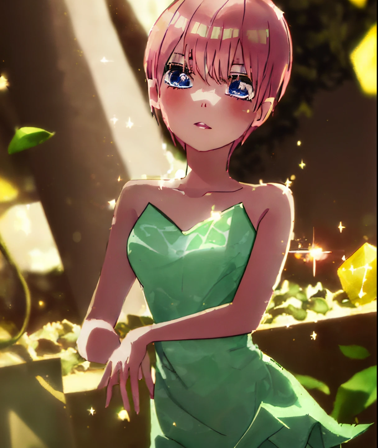 masterpiece, best quality, illustration, sax blue, platinum, 1girl, cute, (dynamic lighting:1.2), cinematic lighting, delicate facial features, detailed eyes, sharp pupils, realistic pupils, depth of field, bokeh, sharp focus, (hyper-detailed, bloom, glow:1.4), many small gems, crystal, ichika nakano, pretty teenage girl with pink short hair, aaichika, Nakano Ichima from The Quintessential Quintuplets, Ichika Nakano dressed up as Tinkerbell, masterpiece, 4k, ultradetailed, cowboy shot, nakano ichika, short pink hair, sparkling blue eyes, wearing a dress made of leaves, green crystal leaves dress, Tinkerbell, Fairy dust