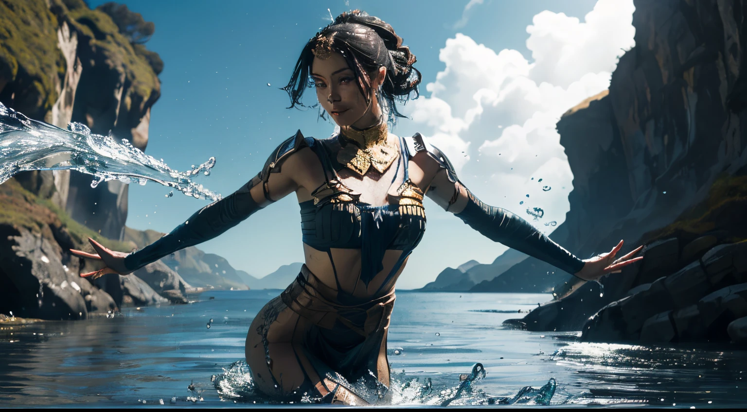 mulher bonita, dynamic pose, Movimento suave, (water, water dress, stream of water, controlling water:1.2), sorriso sutil, corpo inteiro, abdominais finos ,Rosto ultra-detalhado, Olhos detalhados, pele brilhante, Glossy Lips , testa, sobrancelhas grossas, Antecedentes detalhados, tons de azul, ethereal atmosphere, , (Arte Oficial, Unity 8k papel de parede, ultra detalhado, Beautiful and Aesthetic, master part ,melhor qualidade:1.3)