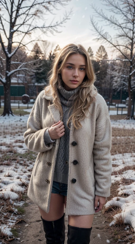 Same blonde, beatiful blonde hair, beatiful blonde, perfect hair, tanned skin, front view, solo, She is wearing a winter coat, long knee-high boots beneath the coat, a black sweater, outdoors, (daytime), snowy field, falling snow, bare trees, film grain, close up, ultra high res, best shadow, RAW, instagram LUT
