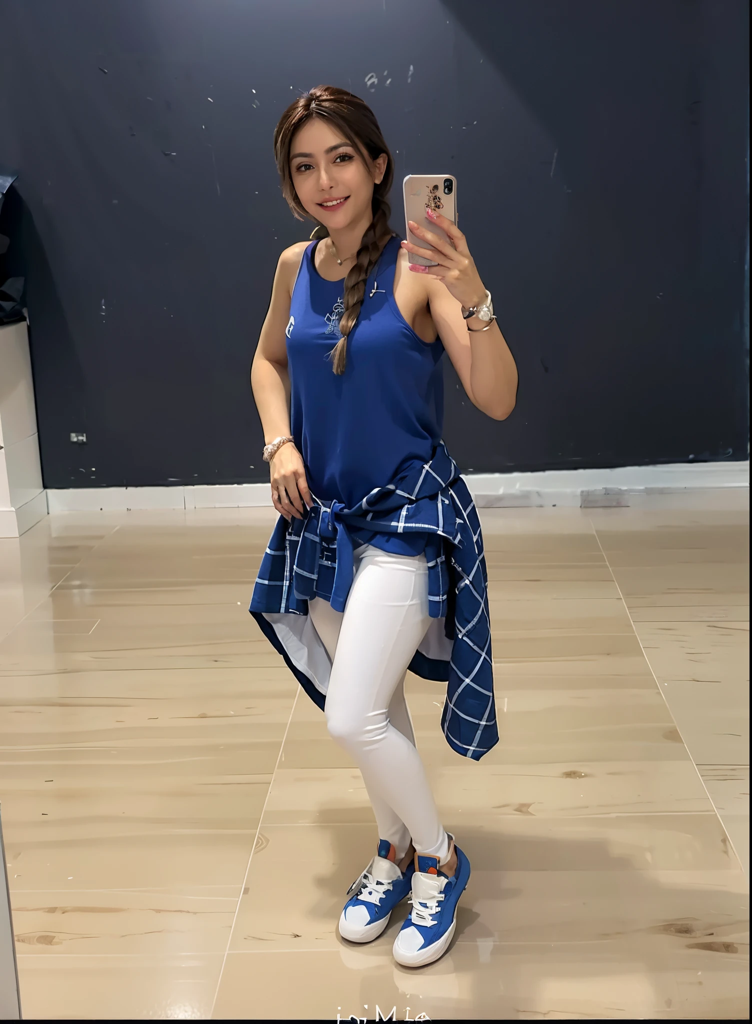 there is a woman with big brown eyes smiling, small mouth taking a selfie in the mirror, foto encaixar, imagem de perfil, imagem de corpo inteiro, Cottagecore!! encaixarness corporal, corpo inteiro!!!, Directed by: Nandor Soldier, corpo inteiro!!, em uma academia, wearing white tights, corpo em forma, corpo inteiro!, malhar, beutifull, encaixar, em forma, Lorena Avarez