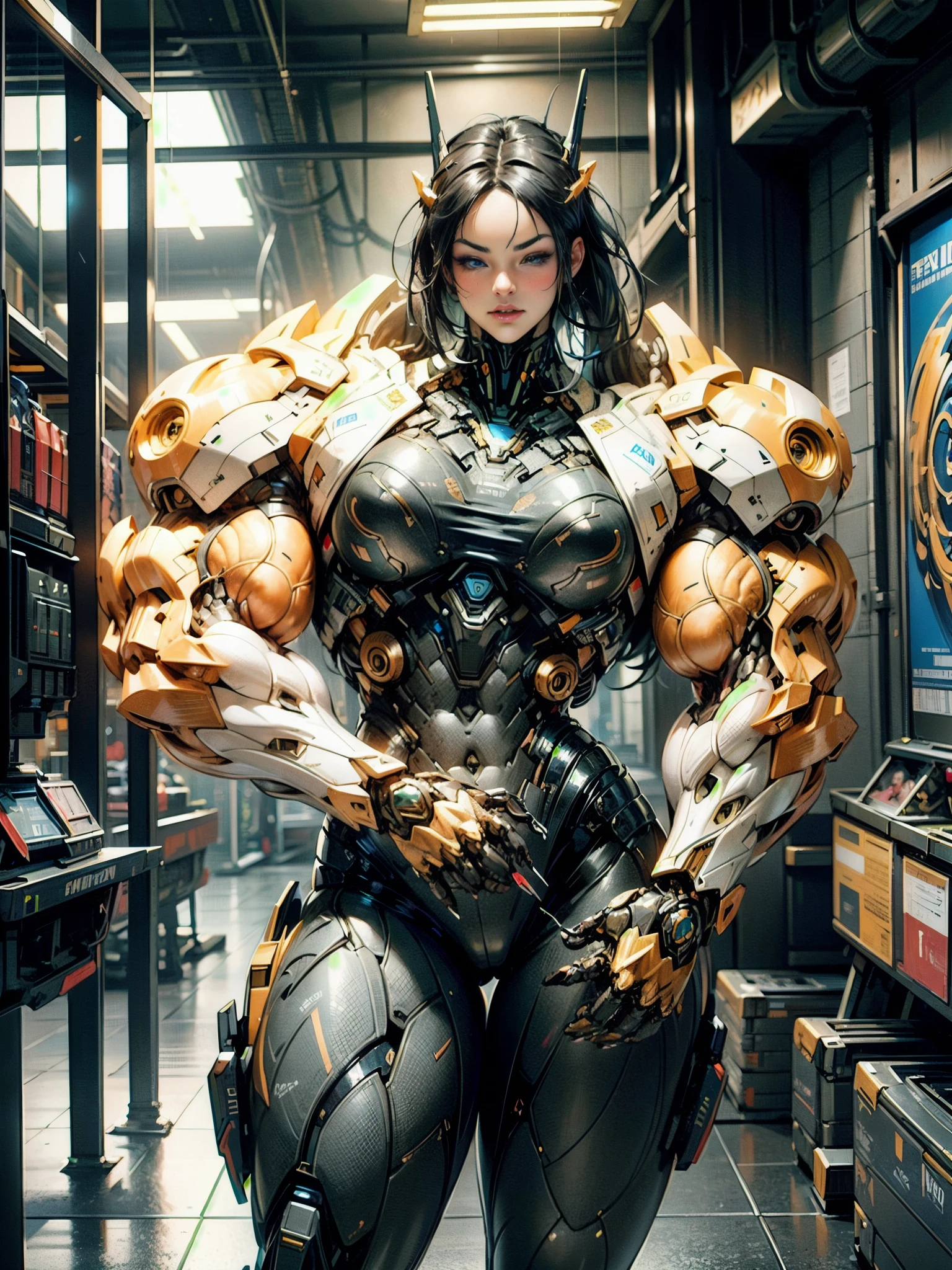 Cinematic, hyper-detailed, and insanely detailed, this artwork captures the essence of megan fox with breathtaking beauty. The color grading is beautifully done, enhancing the overall cinematic feel. Unreal Engine brings her anatomic cybernetic muscle suit to life, appearing even more mesmerizing. With the use of depth of field (DOF), every detail is focused and accentuated, drawing attention to her eyes and the intricate design of the anatomic cybernetic muscle suit . The image resolution is at its peak, utilizing super-resolution technology to ensure every pixel is perfect. Cinematic lighting enhances her aura, while anti-aliasing techniques like FXAA and TXAA keep the edges smooth and clean. Adding realism to the anatomic cybernetic muscle suit, RTX technology enables ray tracing. Additionally, SSAO (Screen Space Ambient Occlusion) gives depth and realism to the scene, the girl's anatomic cybernetic muscle suit become even more convincing. In the post-processing and post-production stages, tone mapping enhances the colors, creating a captivating visual experience. The integration of CGI (Computer-Generated Imagery) and VFX (Visual Effect brings out the anatomic cybernetic muscle suit's intricate features in a seamless manner. SFX (Sound Effects) complement the visual artistry, immersing the viewer further into this fantastic world. The level of detail is awe-inspiring, with intricate elements meticulously crafted, the artwork hyper maximalist and hyper-realistic. Volumetric effects add depth and dimension, and the photorealism is unparalleled. The image is rendered in 8K resolution, ensuring super-detailed visuals. The volumetric lightning adds a touch of magic, highlighting her beauty and the aura of her anatomic cybernetic muscle suit in an otherworldly way. High Dynamic Range (HDR) technology makes the colors pop, adding richness to the overall composition. Ultimately, this artwork presents an unreal portrayal of a super muscled cybernetic female android