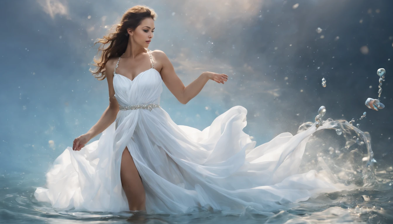 mulher bonita, dynamic pose, Movimento suave, (water, white dress with water pearls, stream of water, controlling water:1.2), sorriso sutil, corpo inteiro, abdominais finos ,Rosto ultra-detalhado, Olhos detalhados, pele brilhante, Glossy Lips , testa, sobrancelhas grossas, Antecedentes detalhados, tons de azul, ethereal atmosphere, , (Arte Oficial, Unity 8k papel de parede, ultra detalhado, Beautiful and Aesthetic, master part ,melhor qualidade:1.3)