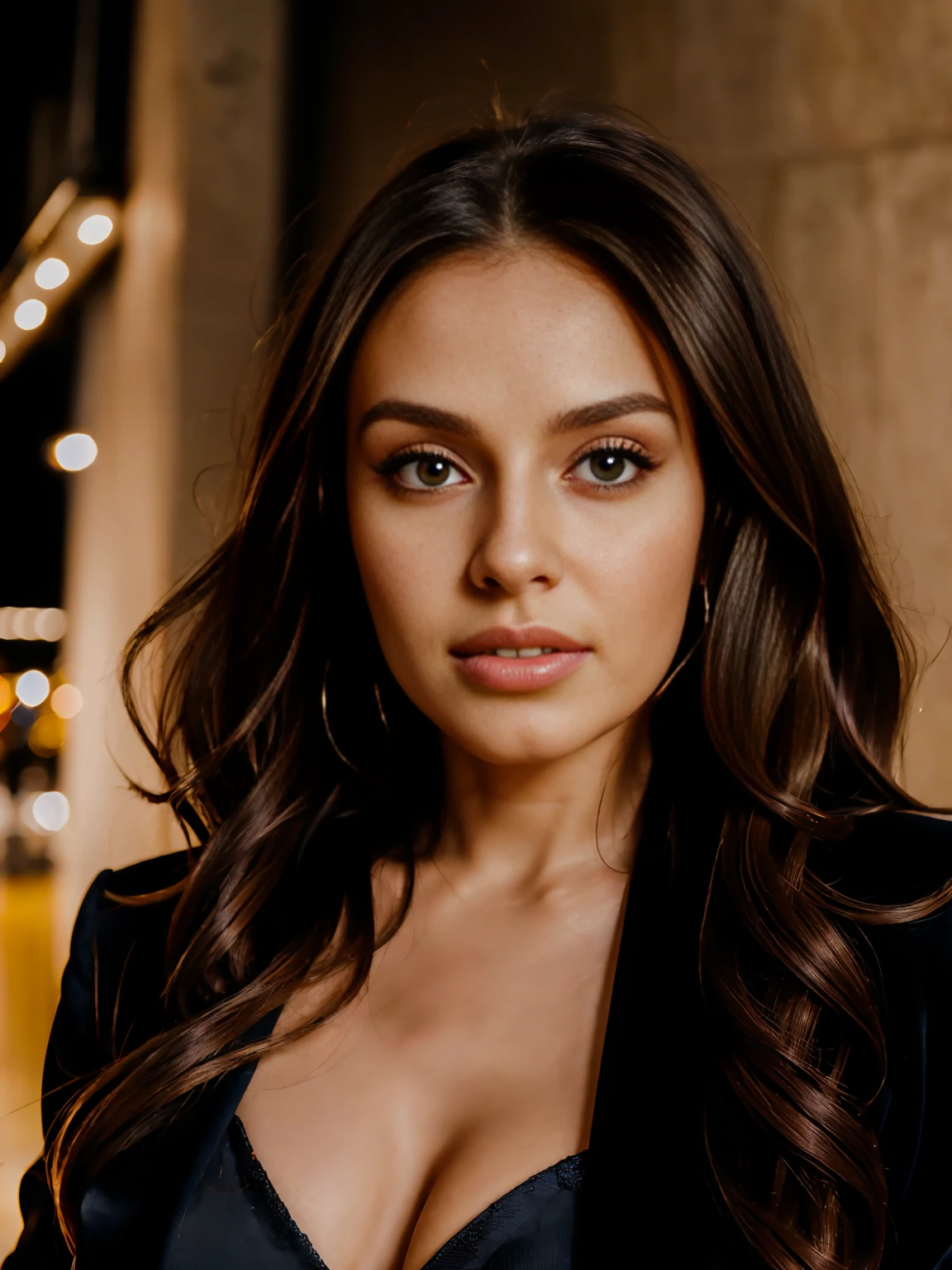 Albanian woman, 30 years, cute, neat face, detailed, small neat nose, neat plump lips, big eyes, neat eyes, brown eyes, Alice Milano, long hair, curly hair, natural shine, chocolate hair, gorgeous, city girl, western, hot girl with a cute face, full body portrait, model in thin gauze suit, most important background for all black prominent figures, bright light, standing, focus on figures, 8K, masterpiece, best quality, UHD1.2