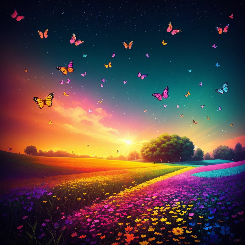 " a close up of a butterflies fly over a field of flowers with a bright blue sky, flowers and butterflies, in a field of flowers, swarming in flowers, butterflies flying, field of flowers background, beautiful sunny day, field of flowers, flower meadow, butterflies floating in the sky, flowerfield, butterflies and sunrays, field of fantasy flowers, summer meadow, flower field. in a pile of butterflies and butterflies canes, cute colorful, digital painting, cute detailed digital art, hyper colorful, neon coloring, cute digital art, beeple colors, colorful hd picure, beeple and jeremiah ketner, glowing lights! digital painting, cute 3 d render"