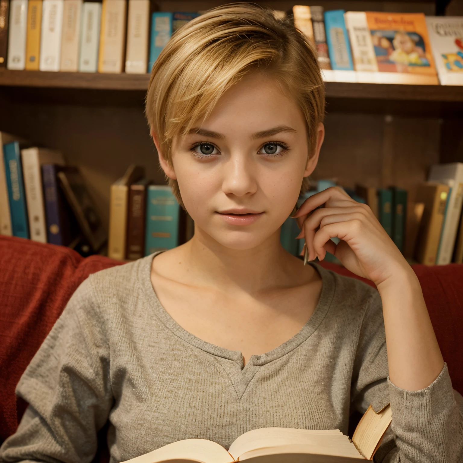 Portrait of a teenage girl, 17, short pixie blonde hair, reading a book.