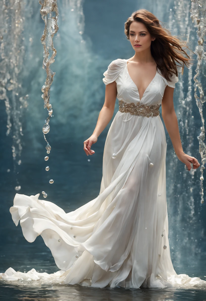 mulher bonita, dynamic pose, Movimento suave, (water, white dress with water pearls, stream of water, controlling water:1.2), sorriso sutil, corpo inteiro, abdominais finos ,Rosto ultra-detalhado, Olhos detalhados, pele brilhante, Glossy Lips , testa, sobrancelhas grossas, Antecedentes detalhados, tons de azul, ethereal atmosphere, , (Arte Oficial, Unity 8k papel de parede, ultra detalhado, Beautiful and Aesthetic, master part ,melhor qualidade:1.3)