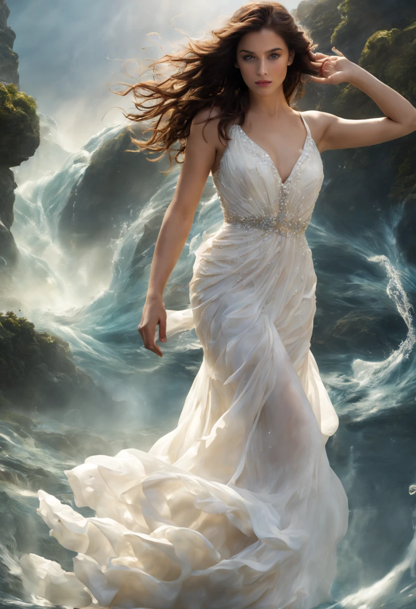 mulher bonita, dynamic pose, Movimento suave, (water, white dress with water pearls, stream of water, controlling water:1.2), sorriso sutil, corpo inteiro, abdominais finos ,Rosto ultra-detalhado, Olhos detalhados, pele brilhante, Glossy Lips , testa, sobrancelhas grossas, Antecedentes detalhados, tons de azul, ethereal atmosphere, , (Arte Oficial, Unity 8k papel de parede, ultra detalhado, Beautiful and Aesthetic, master part ,melhor qualidade:1.3)