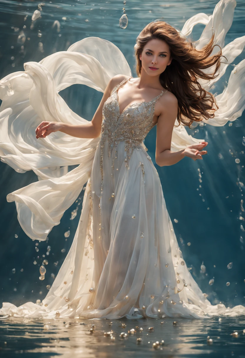 mulher bonita, dynamic pose, Movimento suave, (water, white dress with water pearls, stream of water, controlling water:1.2), sorriso sutil, corpo inteiro, abdominais finos ,Rosto ultra-detalhado, Olhos detalhados, pele brilhante, Glossy Lips , testa, sobrancelhas grossas, Antecedentes detalhados, tons de azul, ethereal atmosphere, , (Arte Oficial, Unity 8k papel de parede, ultra detalhado, Beautiful and Aesthetic, master part ,melhor qualidade:1.3)